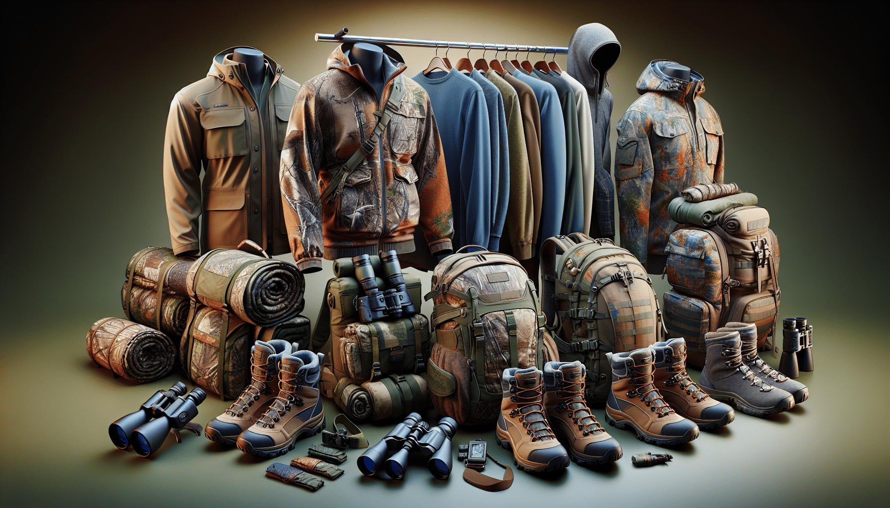 A vivid, hyper-realistic scene showcasing two sets of hunting gear. On the left, high-end equipment often associated with mountain hunting, featuring lightweight clothing in earthy tones, a camo-patterned backpack, hiking boots and binoculars. On the right, display an array of premium gear associated with colder weather, characterized by thicker clothing in blend of muted grays and blues, a robust rucksack, insulated boots and a spotting scope. Both sets are placed against a neutral background to emphasize the items. Exclude any text, brand details, logos, or human figures from the image.