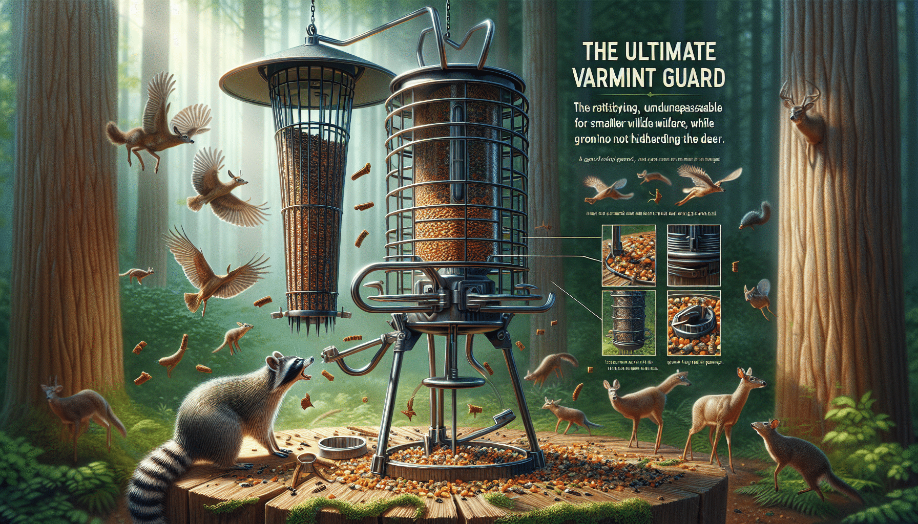 An intricately detailed image demonstrating the ultimate varmint guard for deer feeders. The guard is designed to be sleek and efficient, proving unpassable for smaller wildlife while not hindering the Deer. It should be seen attached to a feeder with scattered feed around it in a woodland setting. Show the guard in action by incorporating a small critter such as a raccoon or squirrel attempting but failing to bypass the guard. The deer feeder should be standing tall showcasing its functionality, while not obstructing the view of the lush surroundings. Emphasize on the quality and effectiveness of the guard, and ensure the image is hyper-realistic.