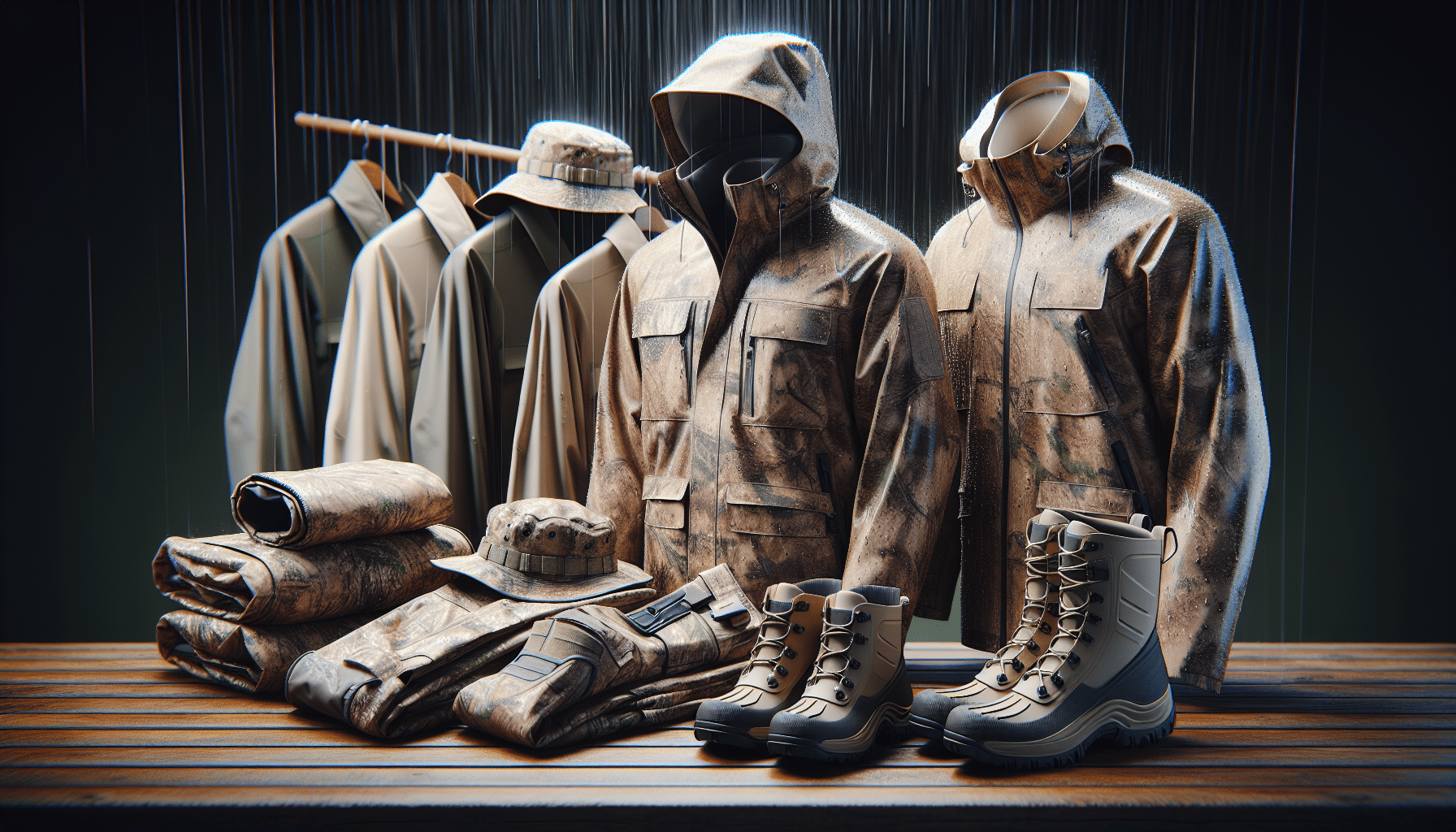 A highly detailed, hyperrealistic image showing a collection of hunting rain gear items displayed on a wooden surface. The items include a neutral toned, waterproof camouflage jacket with a hood, a pair of matching waterproof pants, sturdy waterproof boots, and a waterproof hat. The gear is under a softly falling rain, demonstrating its water-repelling qualities. The image is well-lit, highlighting the gear's textures and colors, and there are no people, brand names, or logos present in the scene.