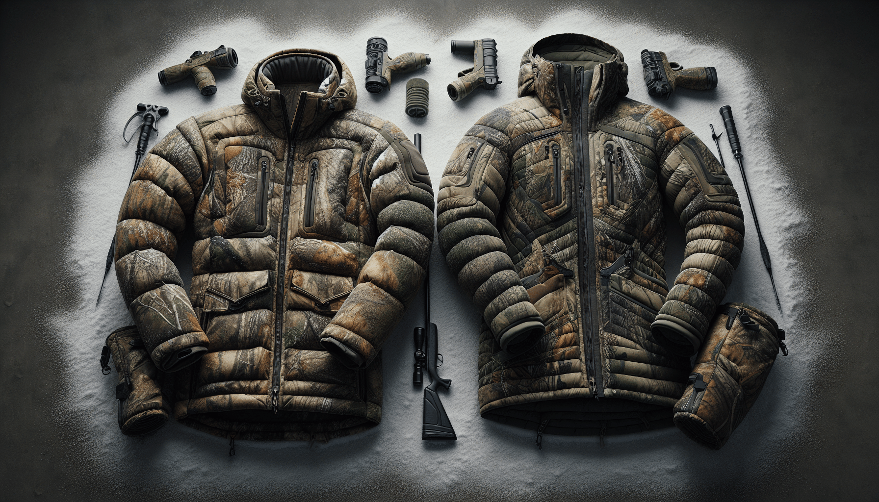 A meticulous, hyper-realistic image featuring two sets of winter hunting gear laid out side by side for comparison. On the left, showcase a camouflage hunting jacket with deep pockets, high collar, efficient zipper system, and strong insulation indicative of the warmth it provides. On the right, lay out a similar yet distinct hunting jacket, darker in color with an intricate yet appealing pattern, equipped with similar features and insulation. Both jackets lay on a background that hints at the harsh winter weather these items are engineered for, such as a light dusting of snow.
