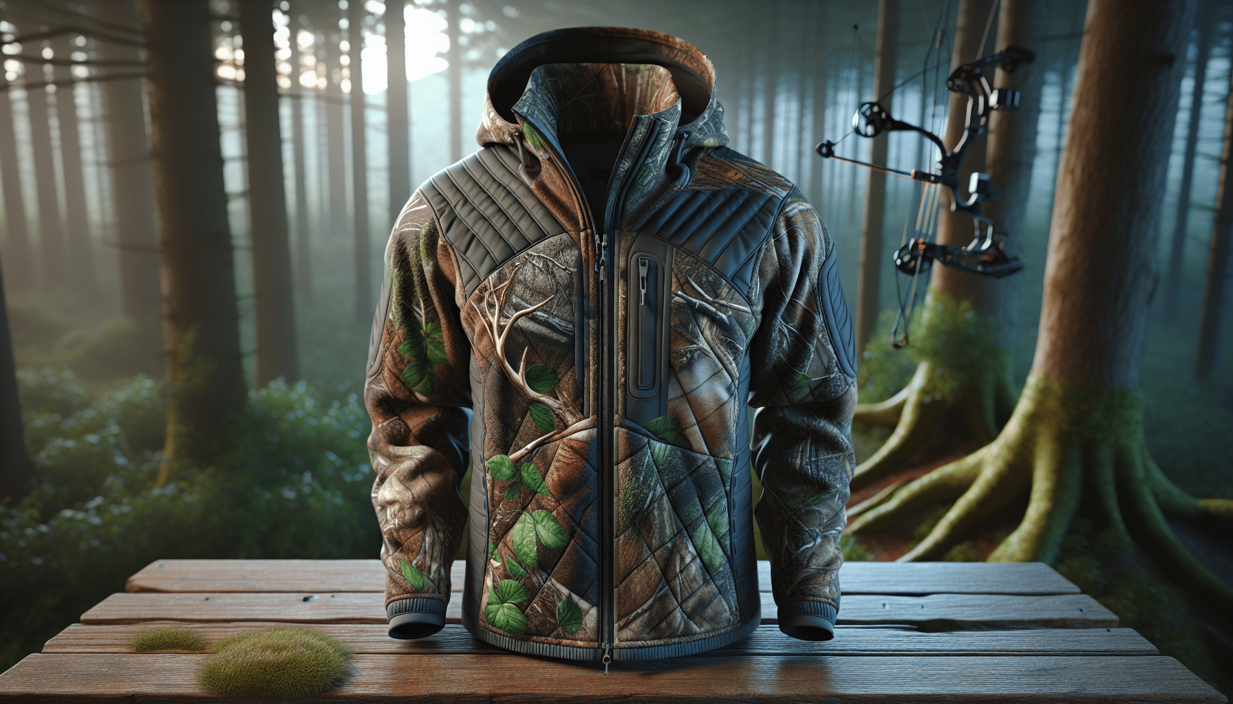 Hyper-realistic image of a top-performing fleece jacket designed for silence during bow hunting. It's camouflage-patterned, reflecting natural forest elements such as leaves, twigs, and moss. The jacket is quilted for warmth, with a high collar to protect the neck and a spacious hood that fits over a hunting cap. Pay special attention to the wind-resistant exterior, soft fleece lining, and sound-dampening material. Handwarmer pockets with quiet, smooth zippers are integrated into the design. Display the jacket on a flat, rustic wooden surface with the backdrop of an early morning forest, bathed in a cool, sunrise glow.