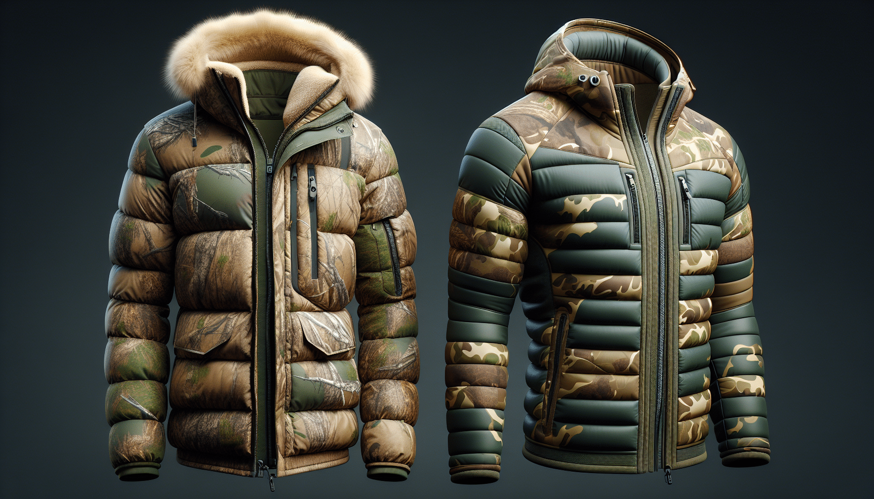 An attentive look at two different hunting jackets. On the left, a heavily insulated jacket exhibiting an earth-tone camouflage pattern. It showcases crisp detailing, such as the fluffy fur lining in the hood, and high, zipping collars for weather protection. On the right, a streamlined laminated softshell jacket in high altitude woodland camo pattern. Notice the robust weatherproof exterior with angular patterning resembling mountain peaks, combined with a multi-pocket design. The image is highly realistic, capturing fine details and textures, without featuring any people, text, brand names, or logos.