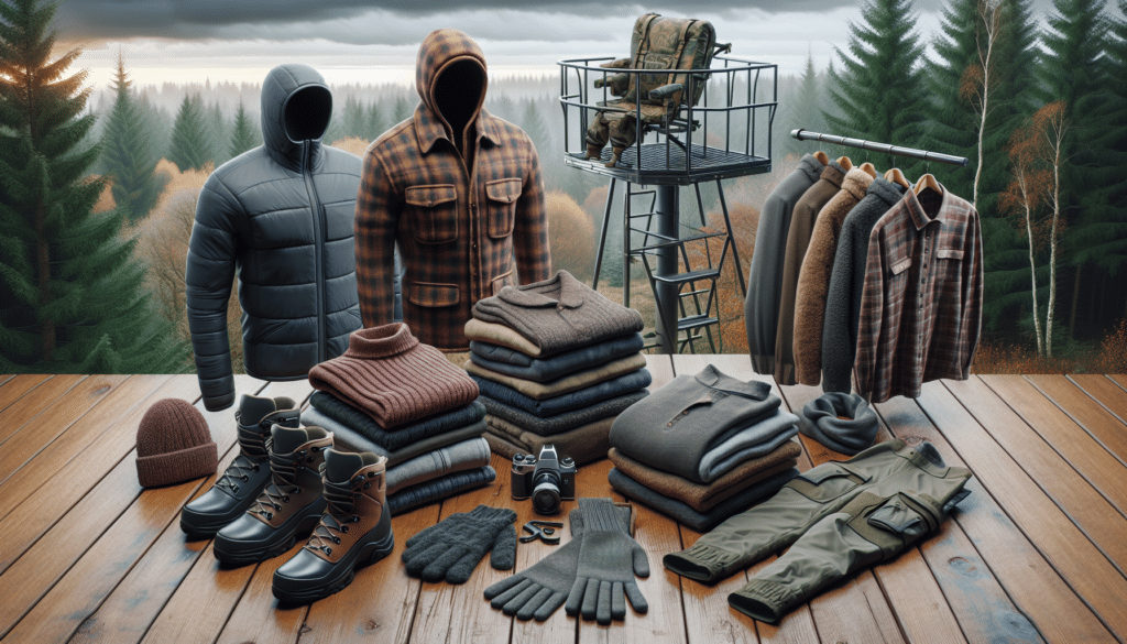 A hyper realistic image displaying a collection of clothing items laid out on a wooden table, meant for layering in chilly weather. Items include thermal underwear, a heavy flannel shirt, a sturdy hunting jacket, insulated pants, thick socks, waterproof boots, and a warm hat and gloves. Next to the table, a tree stand, a metallic structure used in hunting, is shown. The background displays a dense forest under an overcast sky, further highlighting the necessity of warm layered clothing for all-day sits on tree stands. The focus on the layering strategy for outdoor activities in cold weather.