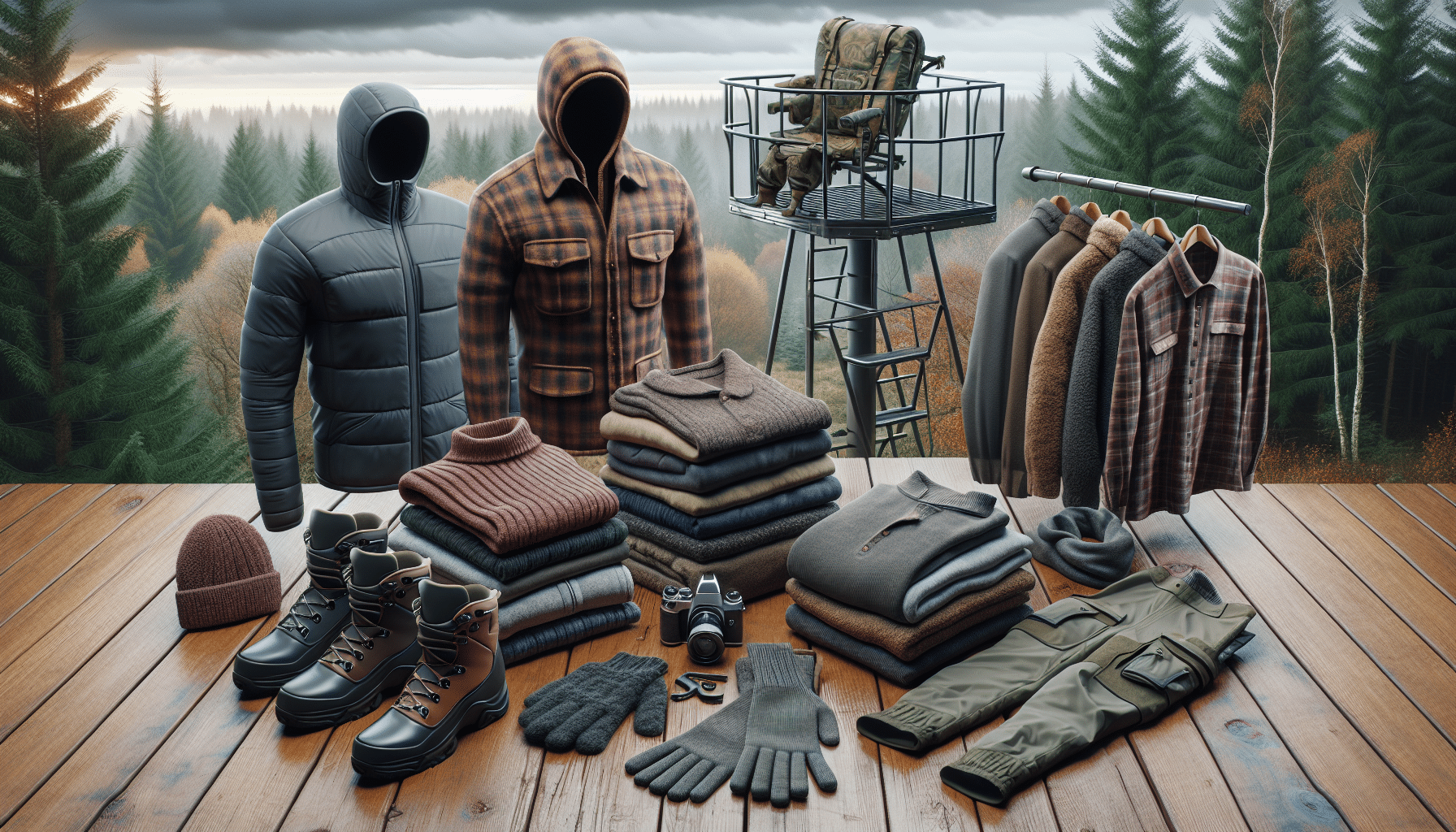 A hyper realistic image displaying a collection of clothing items laid out on a wooden table, meant for layering in chilly weather. Items include thermal underwear, a heavy flannel shirt, a sturdy hunting jacket, insulated pants, thick socks, waterproof boots, and a warm hat and gloves. Next to the table, a tree stand, a metallic structure used in hunting, is shown. The background displays a dense forest under an overcast sky, further highlighting the necessity of warm layered clothing for all-day sits on tree stands. The focus on the layering strategy for outdoor activities in cold weather.