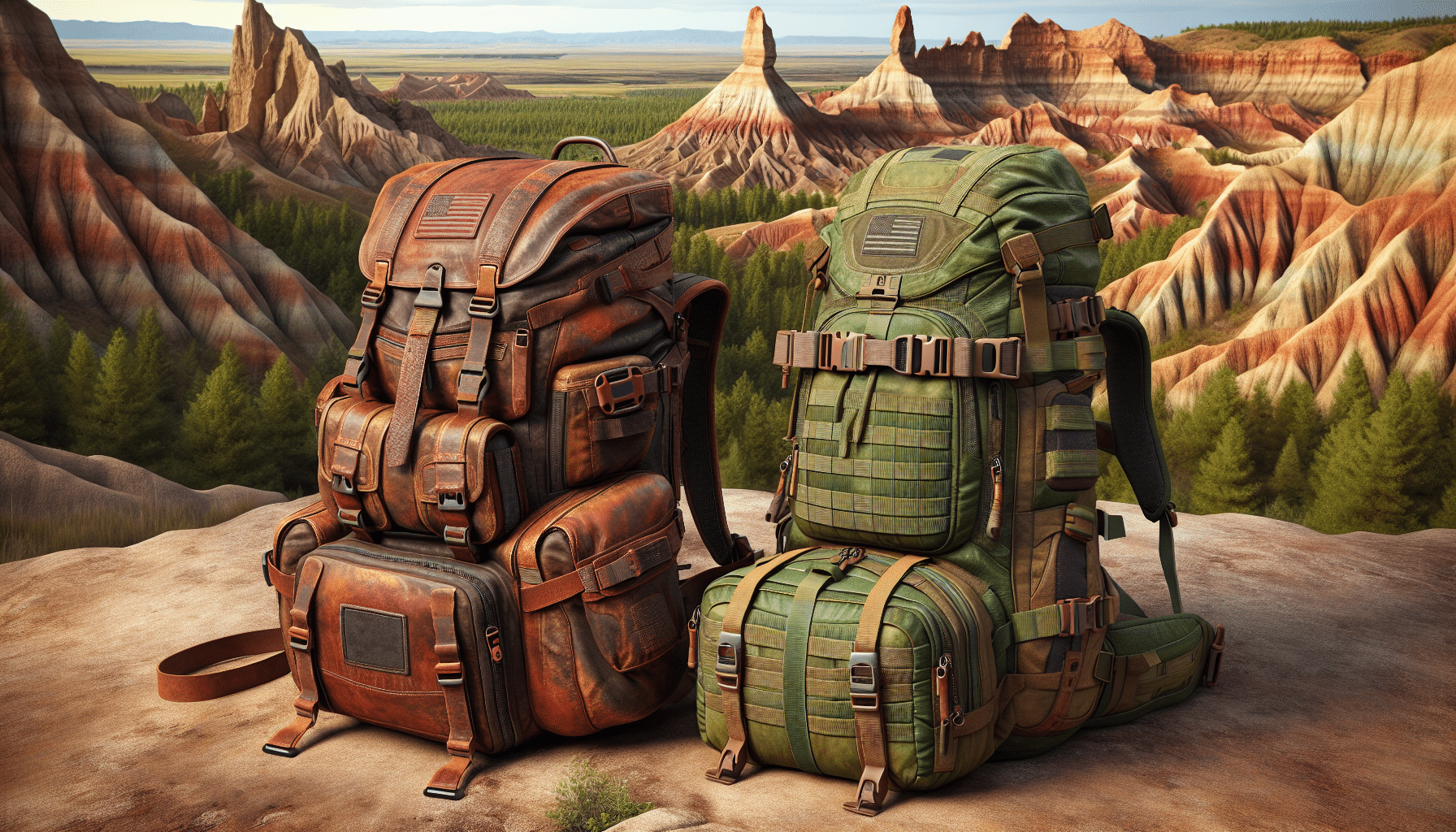 A hyper-realistic image of two hunting backpacks sitting side by side in an outdoor environment. On the left, a backpack ideal for rugged badlands terrains; it's durability manifested through its worn leather patches, reinforced straps, heavy-duty buckles, and extra pockets. Striking rusty colors mimic the vast landscapes of eroded pinnacles and spires. On the right, a backpack optimized for wilderness excursions, displaying agility with its lightweight material, streamlined shape, and adjustable chest and waist straps. Bright green camouflaging materials blend into the forest backdrop seamlessly. Neither of the backpacks depict any identifiable brand names or logos. There are no people or text visible in the scenario.