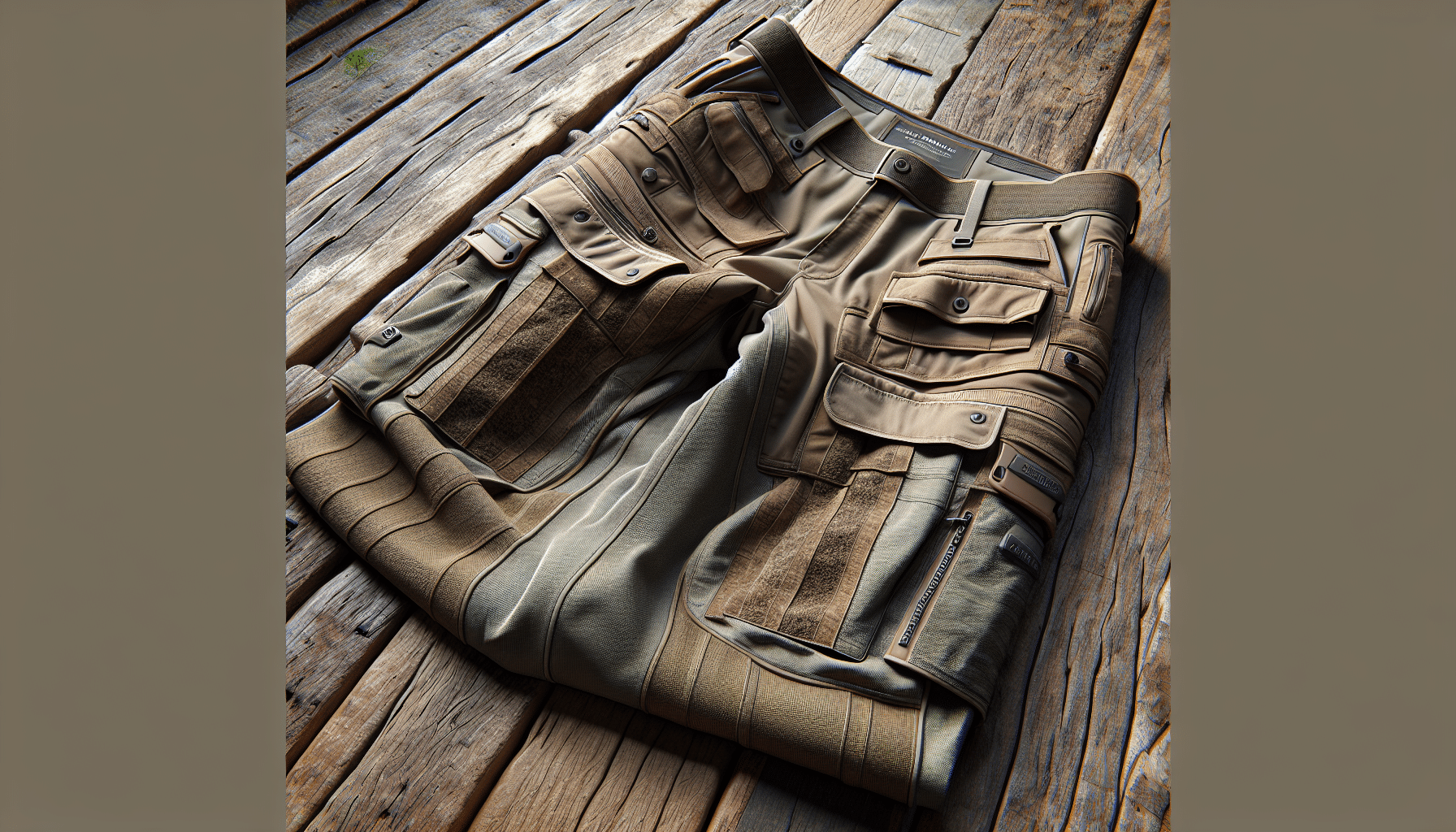 Create a hyper-realistic image of a pair of noiseless hunting pants laying flat or draped over a rustic wooden surface. The pants should be in a natural, non-glossy color palette suitable for woodland environments, showcasing features like pockets, zippers, and reinforced areas, but with no visible brand names, logos, or text. They should appear rugged and durable, but also flexible and breathable, highlighting attributes beneficial for hunting such as noise reduction and weather resistance. Provide emphasis on the material texture to reinforce the noiseless aspect.