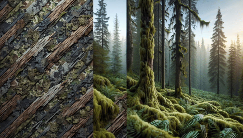 A hyper-realistic visual comparison of two types of camouflage patterns, sans any text or brand identifiers. On one side, portray a pattern resembling that of a real tree edge, showcasing its intricate design with a mix of earthy browns, grays and flecks of green. On the other side, depict an alternating design mimicking the aesthetics of mossy oak bottomland, radiating a blend of various shades of brown and olive greens. The two designs are set against the backdrop of a lush forest, subtly highlighting their unique characteristics and conforming properties. No human involvement is shown in the image.