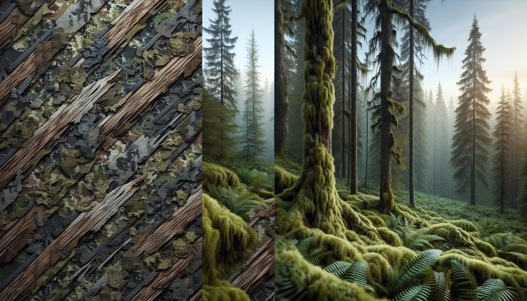 A hyper-realistic visual comparison of two types of camouflage patterns, sans any text or brand identifiers. On one side, portray a pattern resembling that of a real tree edge, showcasing its intricate design with a mix of earthy browns, grays and flecks of green. On the other side, depict an alternating design mimicking the aesthetics of mossy oak bottomland, radiating a blend of various shades of brown and olive greens. The two designs are set against the backdrop of a lush forest, subtly highlighting their unique characteristics and conforming properties. No human involvement is shown in the image.