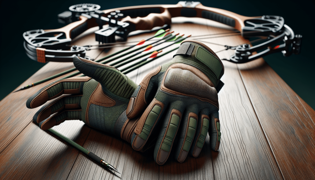 A highly realistic illustration of a pair of high-quality hunting gloves designed for bow shooting. They should appear robust and durable, with reinforced areas on the fingers and palms. The gloves must showcase features like wrist straps for secure fitting and fingerless design on the string fingers for better control. The color should be a blend of forest greens and browns for camouflage. The gloves should be placed on a wooden table with a bow and arrows subtly in the background. No people, text, or brand names should be visible in the image.