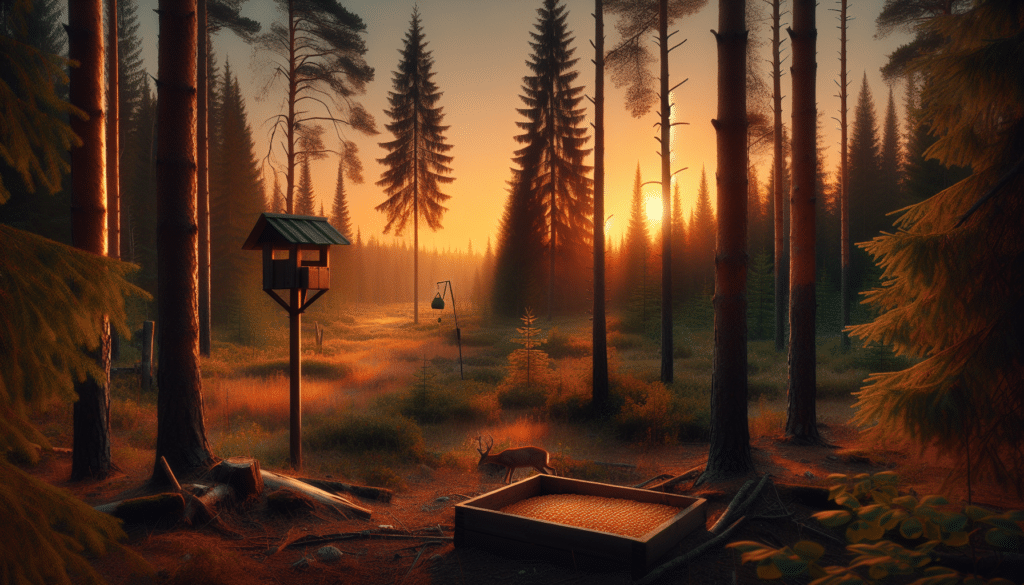 Generate a hyper-realistic image of a quiet forest scene at sunset. The picturesque environment is full of tall pine trees, their outlines sharply silhouetted against the sky. A deer feeder stands alone in a small clearing, remaining untouched and full with corn, signifying it hasn't been visited for a while. Nearby, signs of wildlife such as small animal tracks and a bird's nest in the trees are visible, but the deer are conspicuously absent.