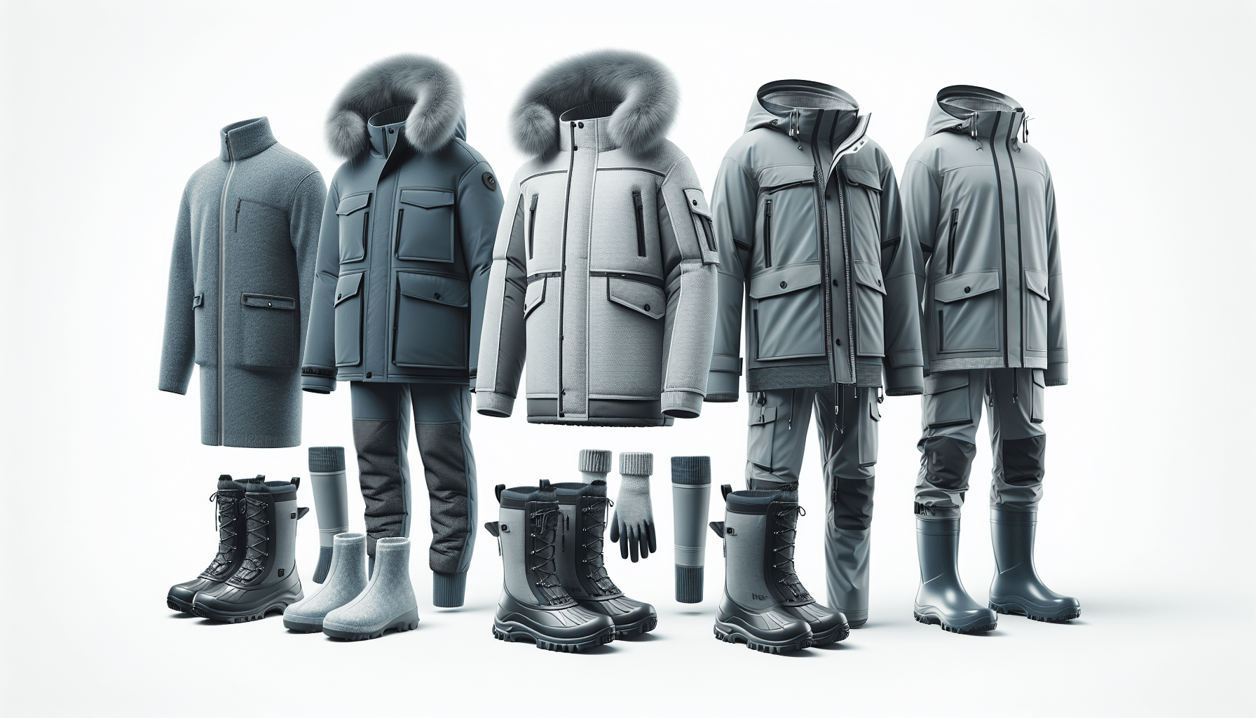 Depict a hyper-realistic scene containing two sets of outdoor clothing suitable for extreme weather conditions. On one side, show a set designed for withstanding bitter cold: a thick fur-lined parka, insulated gloves, and waterproof boots, all in icy blue colors. On the other side, present rain gear, including a waterproof jacket in a shade of cloud gray, matching pants, and high rubber boots. Display each piece separated on a neutral white background. Please remember to avoid displaying any text or brand logos.