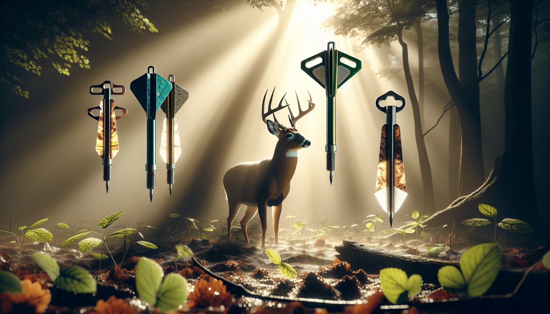 A hyper-realistic visual representation of different types of grain broadheads, a delicate balance of their weight and size. In the center, a whitetail deer stands majestically, bathed in gentle morning sunlight that filters through a flanking woodland landscape. The deer's attention is drawn to the broadheads suspended in mid-air. The emphasis should be on the broadheads' design, showcasing their unique aerodynamic integrity and piercing ability. The details of leaves, soil, and the morning dew adds to the tranquility and drama of the scene. This should be a vivid, high-resolution image having no text, logos, or human presence.