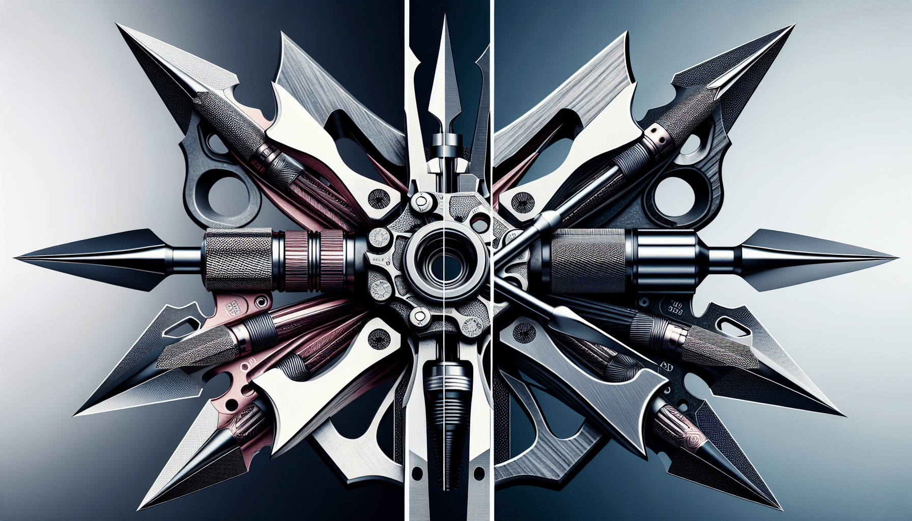 Generate a hyper-realistic image displaying, on one side, a fixed blade broadhead arrow, shown in minute detail, demonstrating its solidity and reliability. On the other side, portray a mechanical broadhead arrow, designed with intricate complexity, displaying its dynamic and innovative features. Divide the image subtly into two halves, thus, creating a clear comparison between the two types of broadhead arrows. Ensure no text, brand names, logos or people are included.