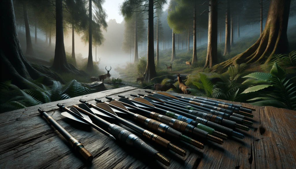 A hyper-realistic image showcasing a selection of crossbow bolts laid out on a rough wooden surface. The arrows should vary in design and color, indicating their unique characteristics optimized for deer hunting. None of the bolts should contain any text or branding. In the background subtly, convey an early morning forest environment suggesting the context of deer hunting, with mist weaving through the lush greenery and a hint of dawn's glow seeping through the dense tree canopy. No people should be present in the image.