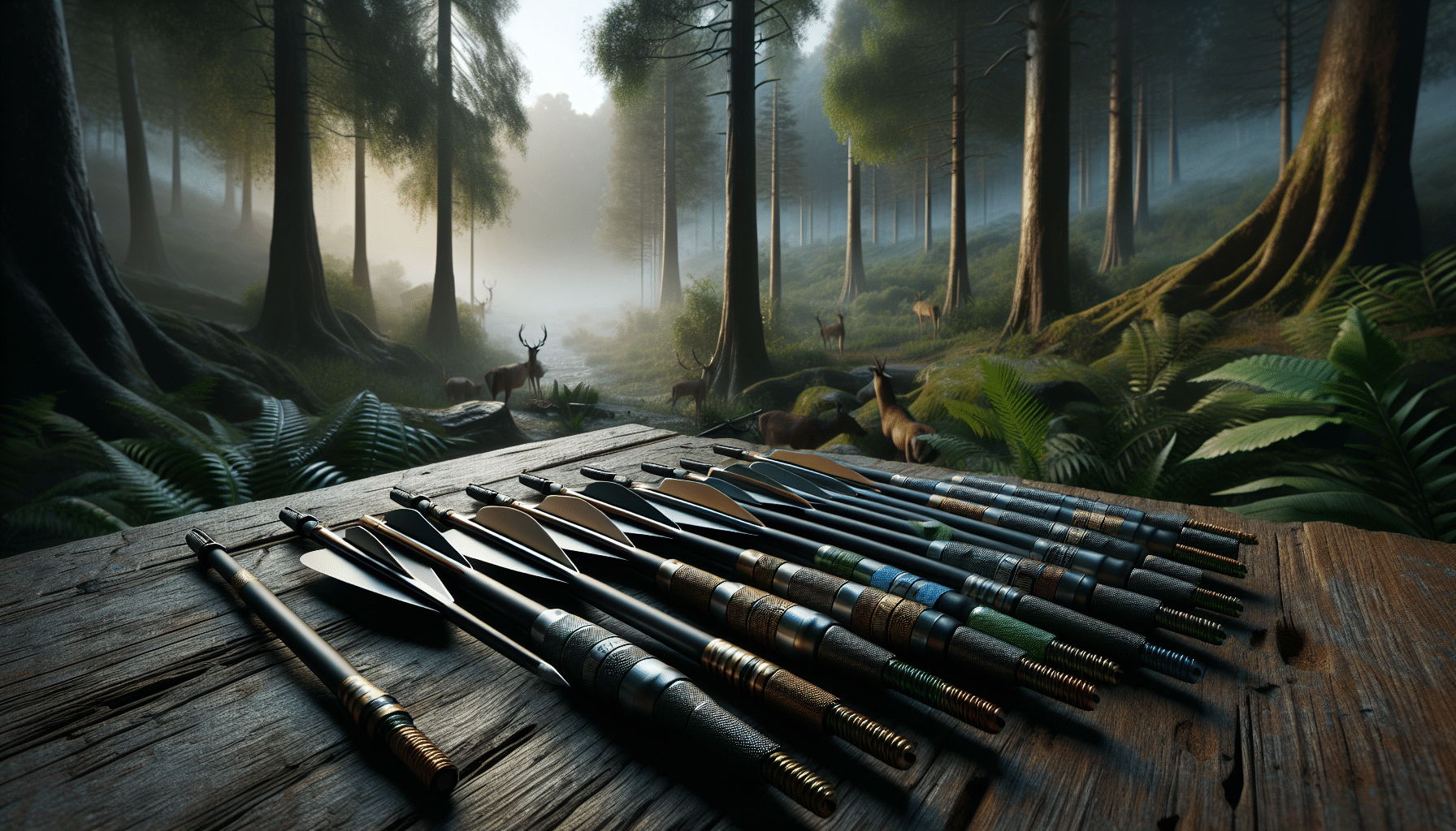 A hyper-realistic image showcasing a selection of crossbow bolts laid out on a rough wooden surface. The arrows should vary in design and color, indicating their unique characteristics optimized for deer hunting. None of the bolts should contain any text or branding. In the background subtly, convey an early morning forest environment suggesting the context of deer hunting, with mist weaving through the lush greenery and a hint of dawn's glow seeping through the dense tree canopy. No people should be present in the image.