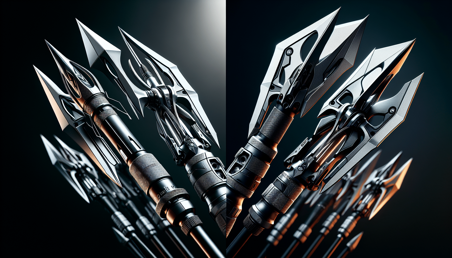 Create a hyper-realistic image showcasing a comparison between two archery equipments, sans identifiable brand names or logos. On one side, display a high-tech modern mechanical broadhead arrow with sharp, gleaming metallic blades. On the other side, reveal an equally sophisticated expandable broadhead arrow with its own uniquely designed, razor-edge blades. Illuminate them with dramatic lighting in such a way as to emphasize the sheer power, penetrating force, and engineering intricacy imbued into each piece. Lose any hint of human presence, text or identifiable branding within the visual representation.