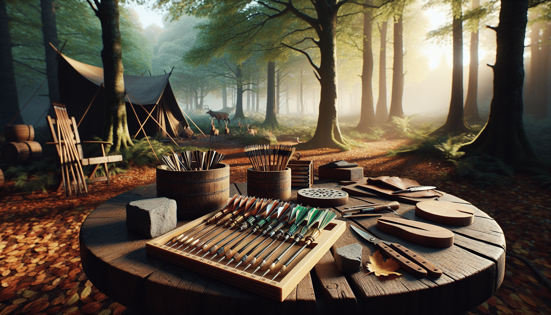 A hyper-realistic image without people or text, focusing on a tranquil deer hunting camp. The camp is nestled in a lush forest with picturesque trees, the grounds littered with fallen leaves. The centerpiece of the scene is a handcrafted wooden table with an assortment of various broadheads laid out in a meticulous row. Alongside, there's a sharpening stone and a leather strip. The late afternoon sunlight is filtering through the trees, bathing the sharpening tools and broadheads in a warm, inviting glow. No logos or brand names are present in the scene.