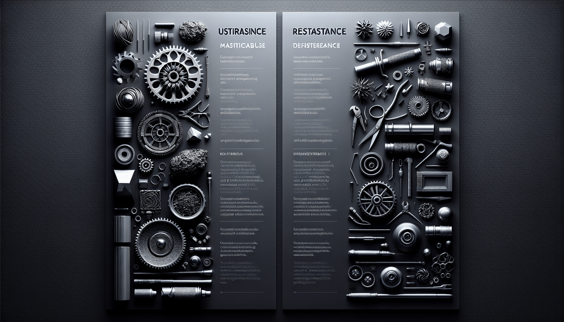 Create an ultra-realistic image of two categories of items in comparison. Those on the left are crafted meticulously with an emphasis on precision and sharpness, while those on the right speak of resilience and determination. Imagery should effectively convey the contrasting qualities of these groups without relying on textual information, brand symbols, human figures, or name indicatives. Elements should be arranged so it's clear they're being compared, though their individual identifications should be open to interpretation based on their visual characteristics alone. The aesthetics should be crisp, clean, and emphatically detailed.