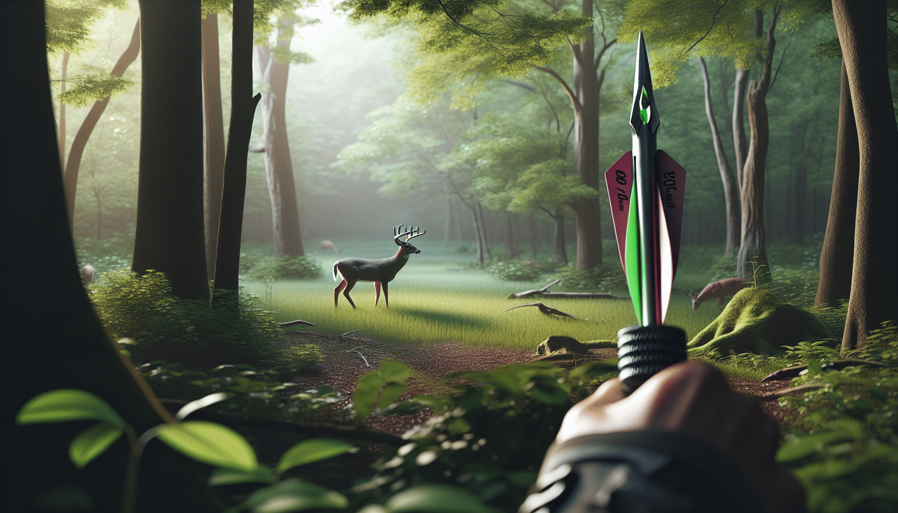 Envision a hyperrealistic scene showcasing the tool of a hunter, a 100-grain broadhead arrow. The setting is a verdant forest teeming with wildlife, and in the foreground, a whitetail deer is visible grazing peacefully, unaware of the close presence of a hunter. The arrow is focused in the mid-air as if just released, its impressive sharpness and aerodynamics are the focal point. There are no people, text, brand names or logos visible. Also, the image emphasizes the natural and raw feeling of the great outdoors and wildlife.