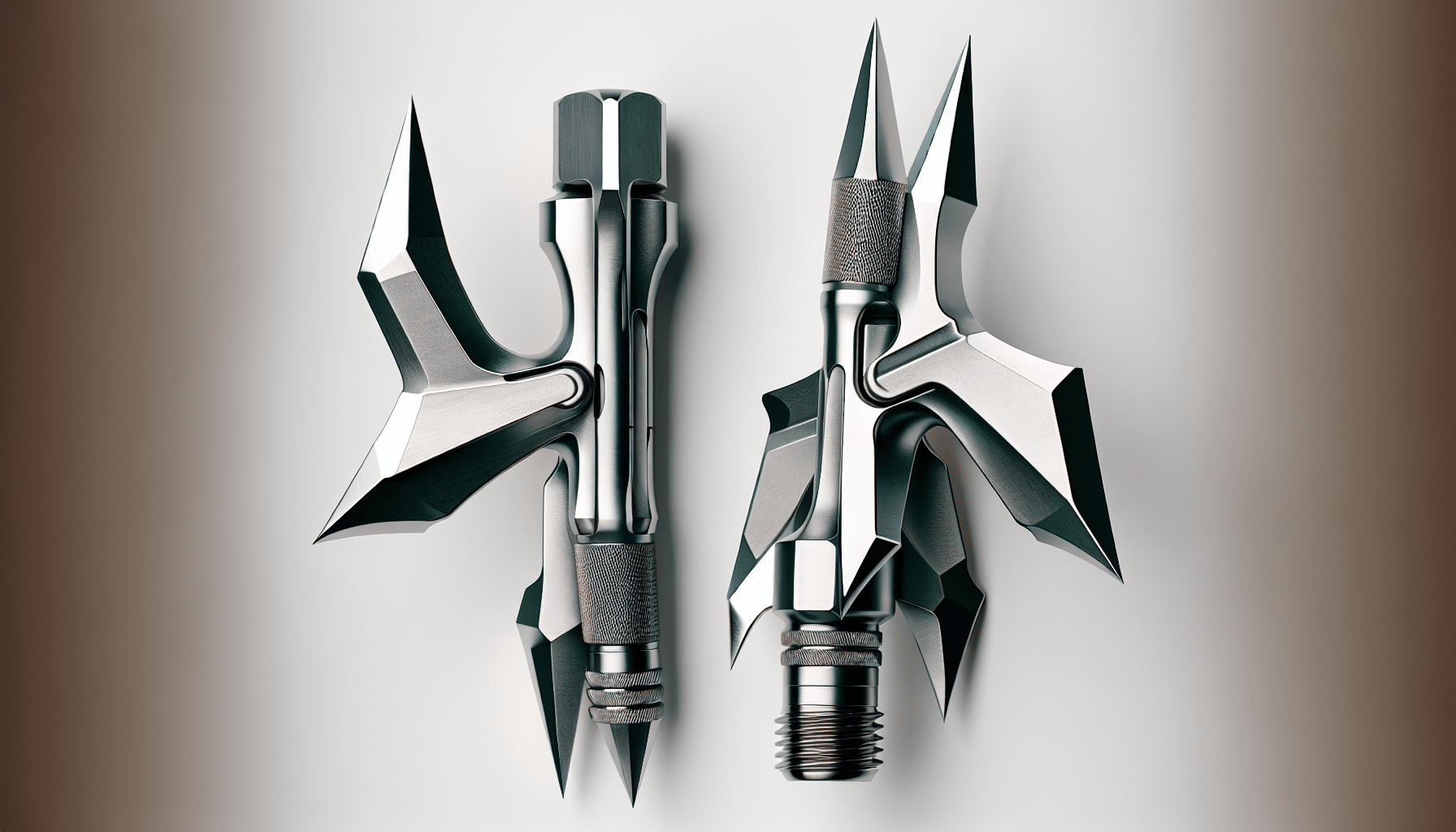 A hyper-realistic image of two different types of broadheads without any branding or text. The first broadhead, on the left, resembling the typical design for mechanical broadheads, showcases razor-sharp blades that fold into an aerodynamic shape until impact. The second broadhead, on the right, represents a fixed-blade design, with blades that are permanently spread out. Both items are on a solid white background.