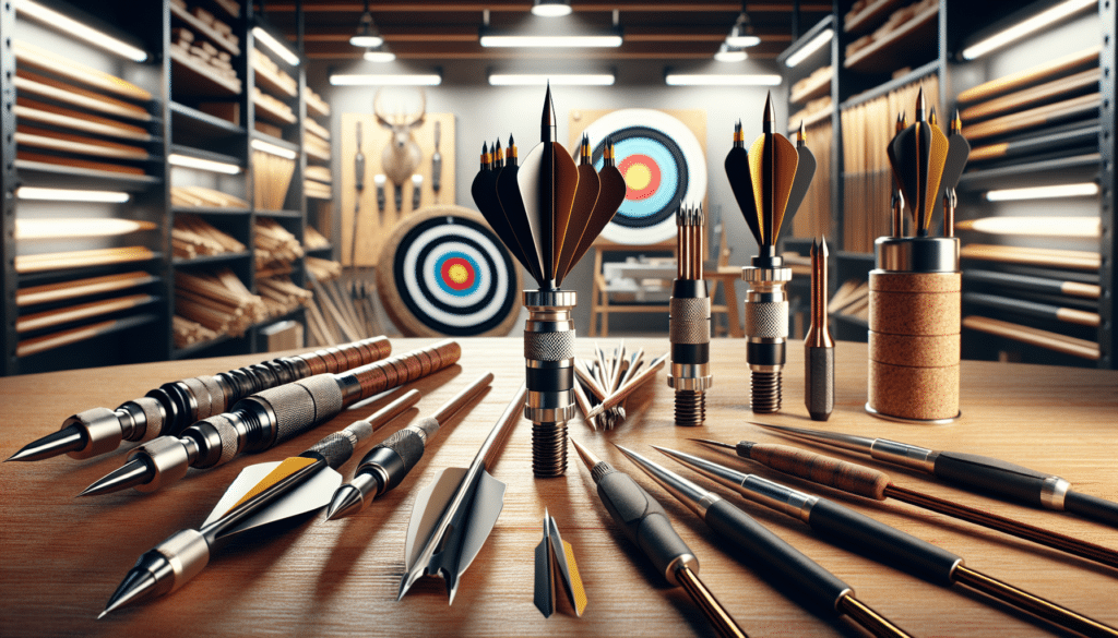 A hyper-realistic image depicting a variety of archery equipment including finely-tuned broadheads and field points. They should be placed on a wood-grain table in a well-lit workshop environment. A layered target sits in the background, symbolizing the end goal of precise archery. Details on the broadheads and field points should include, the flights, the finely sharpened edges, and the method of attachment to the arrow shaft. Please exclude any humans, text, brand names, and logos from the scene.