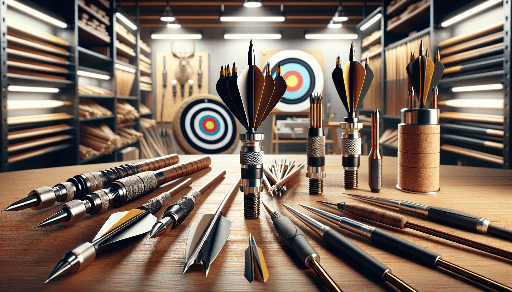 A hyper-realistic image depicting a variety of archery equipment including finely-tuned broadheads and field points. They should be placed on a wood-grain table in a well-lit workshop environment. A layered target sits in the background, symbolizing the end goal of precise archery. Details on the broadheads and field points should include, the flights, the finely sharpened edges, and the method of attachment to the arrow shaft. Please exclude any humans, text, brand names, and logos from the scene.