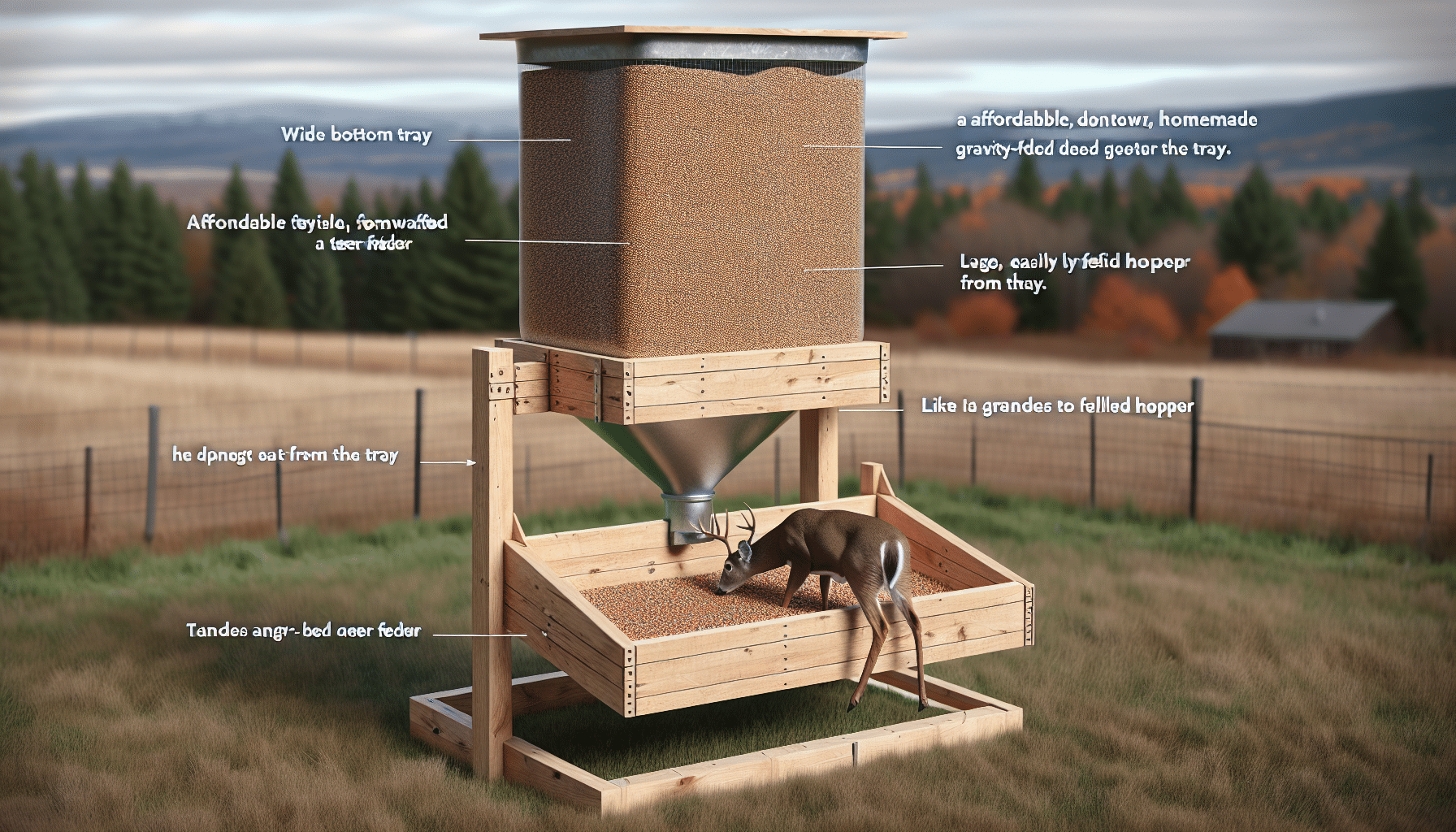 Visualize a hyperrealistic image, devoid of text and personnel, of an affordable, homemade gravity-fed deer feeder located outdoors. Showcasing its functionality through design details: a wide bottom tray to catch and hold the feed and a large, easily refilled hopper above it. The hopper narrows towards the bottom where gravity pulls the feed down as the deer eat from the tray. This feeder is made from inexpensive materials, like PVC pipe or wooden planks, and it does not contain any brands or logos.