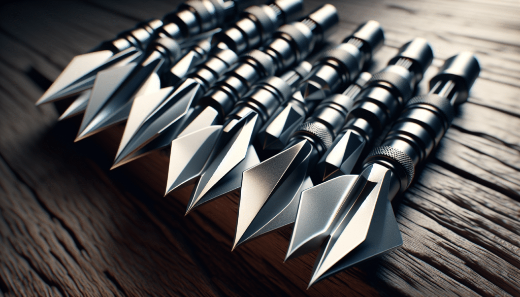 A selection of unbranded broadhead arrow tips, organized neatly in a line.