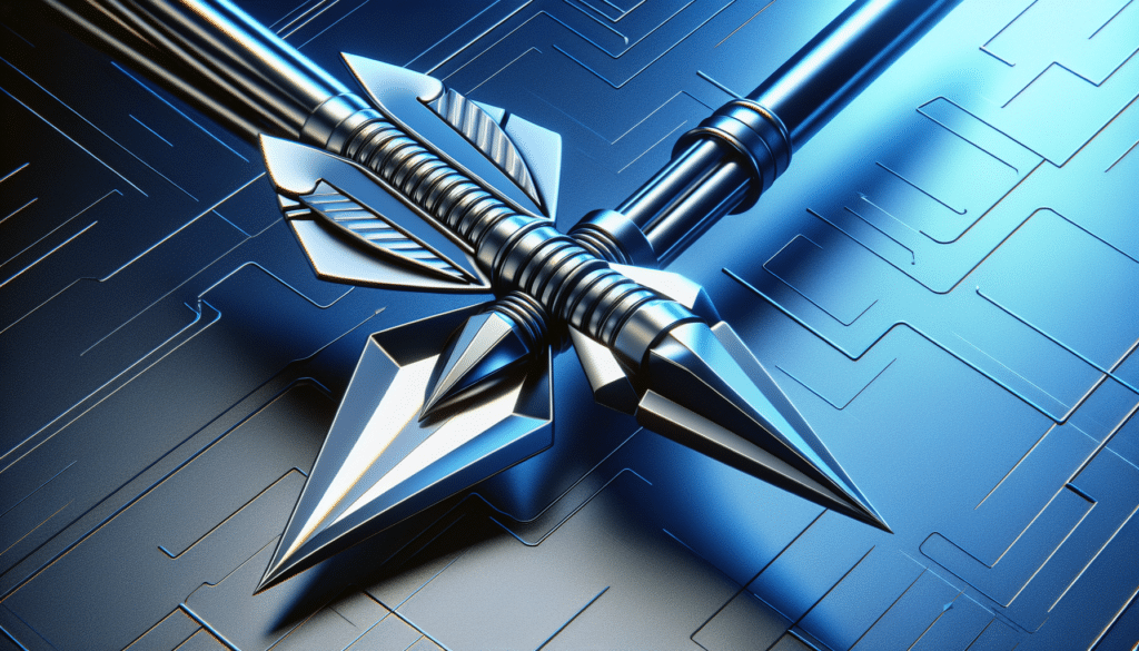 Imagine a visual comparison consisting of two high-tech arrows. The one on the left is characterized by its wide, triangular metal heads with three sharp points. It boasts a traditional design and craftsmanship, emphasizing precision and stability. The arrow on the right, however, is more modern in appearance, featuring a sleek, hollowed-out pointed metal head that underlines aerodynamics and speed. Both arrows are lying parallel to each other on a blue high-tech background, shown in a hyper-realistic style. They're lit from above to highlight their topological and material differences. No text, no people, no brand logos in sight.