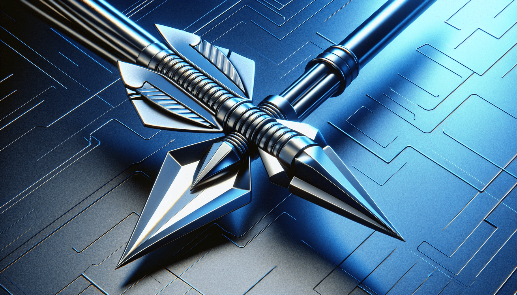 Imagine a visual comparison consisting of two high-tech arrows. The one on the left is characterized by its wide, triangular metal heads with three sharp points. It boasts a traditional design and craftsmanship, emphasizing precision and stability. The arrow on the right, however, is more modern in appearance, featuring a sleek, hollowed-out pointed metal head that underlines aerodynamics and speed. Both arrows are lying parallel to each other on a blue high-tech background, shown in a hyper-realistic style. They're lit from above to highlight their topological and material differences. No text, no people, no brand logos in sight.