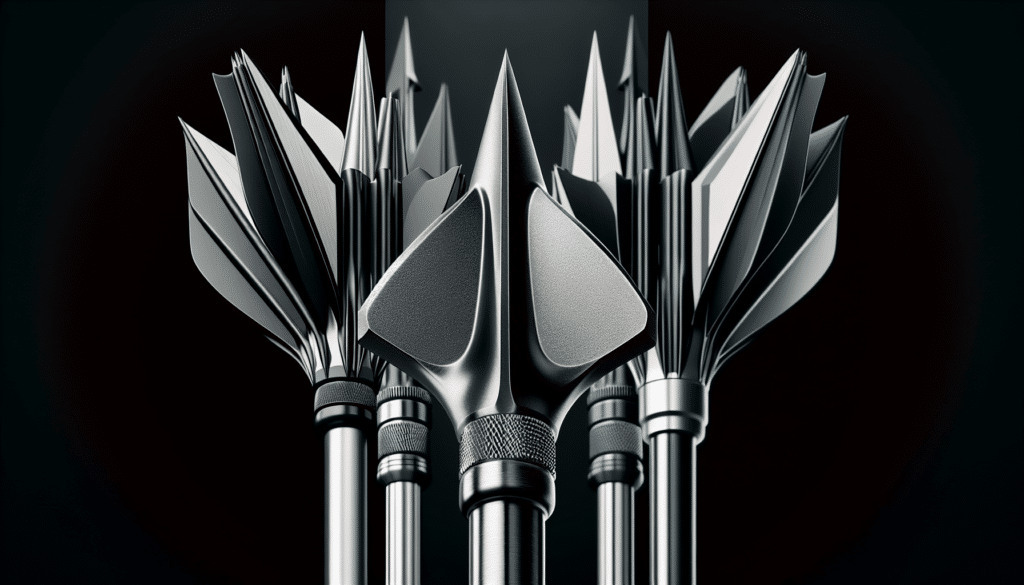 A hyper-realistic image representing a comparison between broadheads and field points. It should feature a close-up of the two types of arrowheads, detailed enough to illustrate their structural differences. The broadhead with its multi-blade design, and the field point with its smooth conical shape. There should be a visual representation of their flight paths in the background: the broadhead's slightly erratic, twisting path compared to the straight and predictable trajectory of the field point. No text, no brand names, logos, or people should be present in the image.