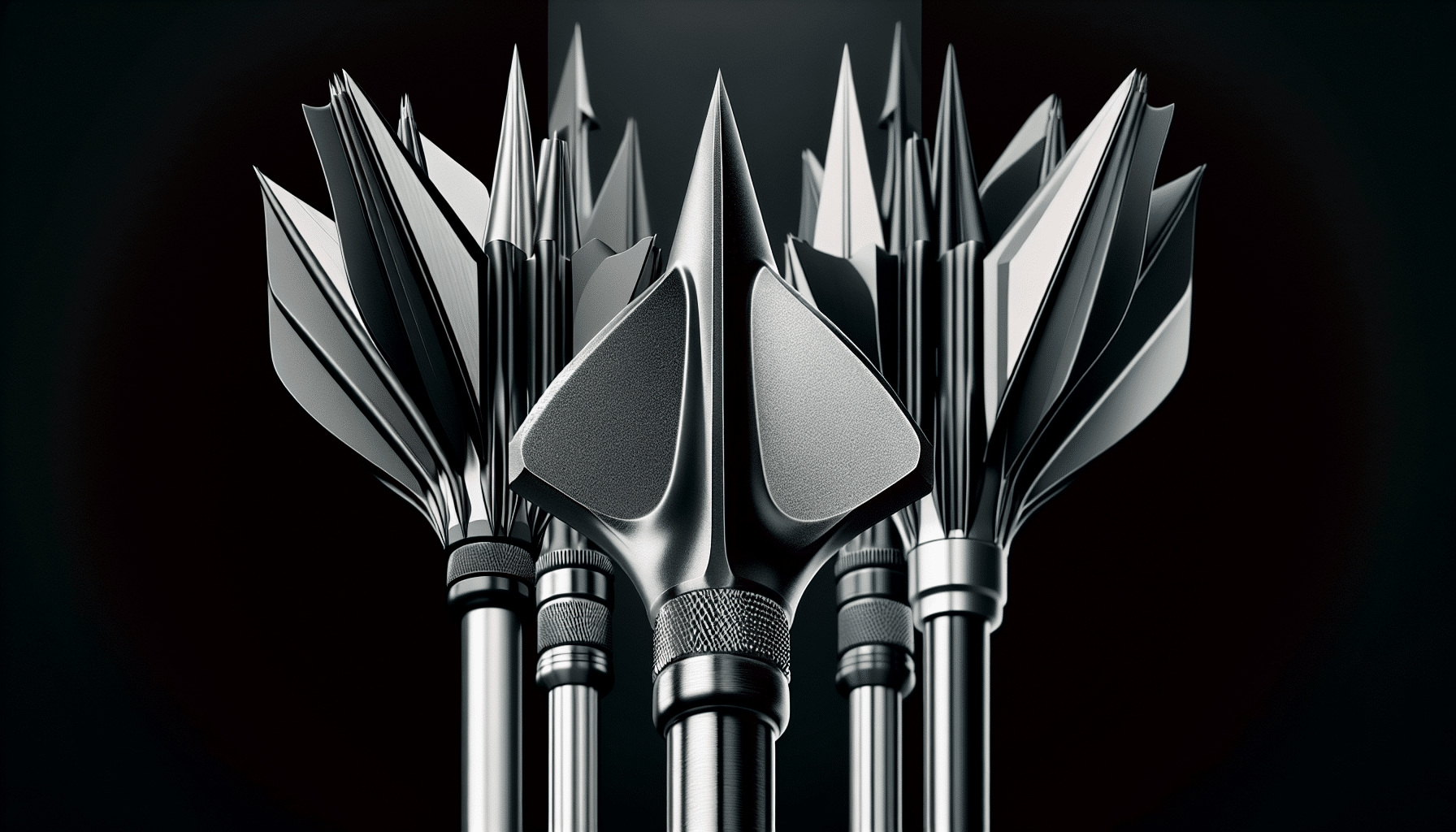 A hyper-realistic image representing a comparison between broadheads and field points. It should feature a close-up of the two types of arrowheads, detailed enough to illustrate their structural differences. The broadhead with its multi-blade design, and the field point with its smooth conical shape. There should be a visual representation of their flight paths in the background: the broadhead's slightly erratic, twisting path compared to the straight and predictable trajectory of the field point. No text, no brand names, logos, or people should be present in the image.