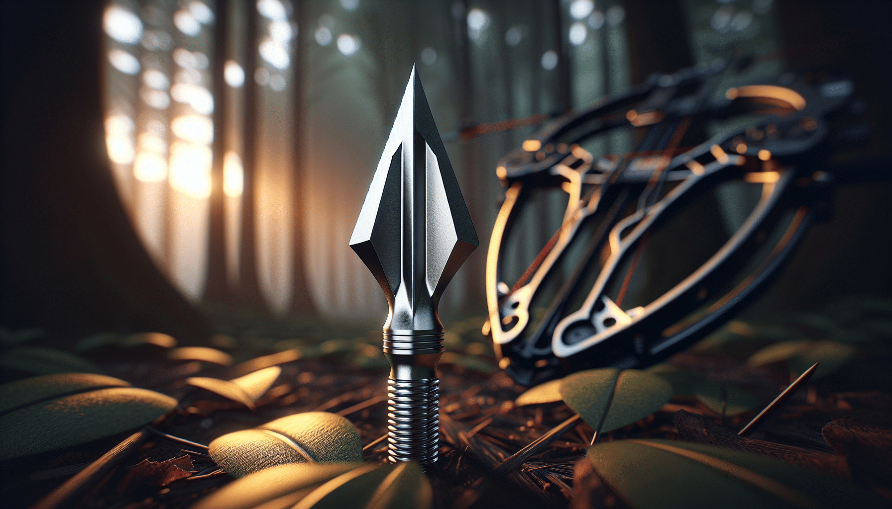 A close-up, hyper-realistic image of a top-notch broadhead arrow, designed specifically for crossbow deer hunting. The broadhead is made from shining, durable metal and features razor-sharp edges for optimized performance. The image setting is a serene woodland at dusk with soft light filtering through the trees, casting a warm glow on the forest floor scattered with fallen leaves. A crossbow is half visible in the frame suggesting its use for the hunt but not fully visible to avoid any brand or logo. The overall ambiance captures the quiet, intense anticipation of a deer hunt.