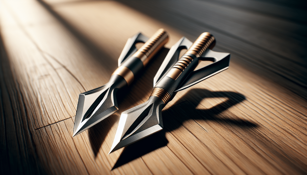 A highly realistic image showcasing a pair of broadheads. One is a single-bevel broadhead, featuring one side of the blade having a slight edge while the opposite side is flat. The other is a double-bevel broadhead, demonstrating an edge on both sides of the blade. The broadheads are placed side-by-side on a table made of natural wood with the afternoon sunlight casting an illuminating glow. There are no text, brand names, logos, or people displayed within the image, instead it purely focuses on a close-up comparison between single and double-bevel broadhead designs.