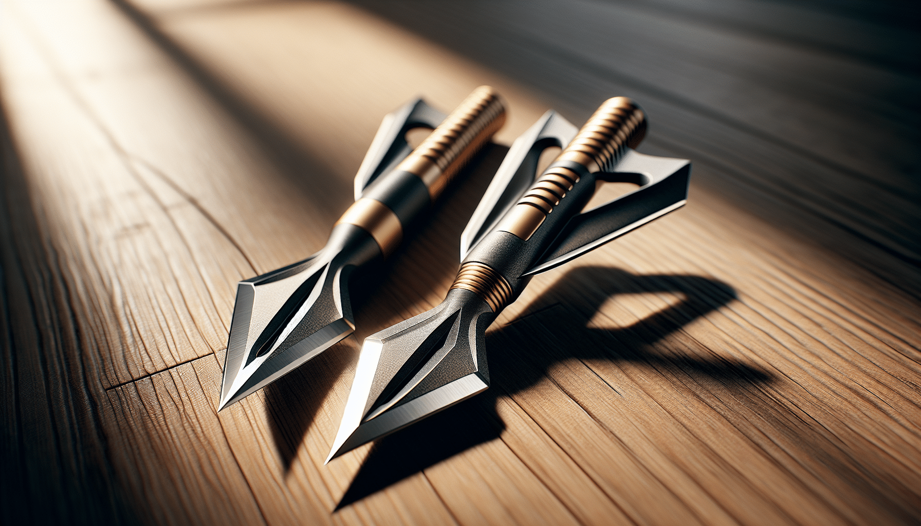 A highly realistic image showcasing a pair of broadheads. One is a single-bevel broadhead, featuring one side of the blade having a slight edge while the opposite side is flat. The other is a double-bevel broadhead, demonstrating an edge on both sides of the blade. The broadheads are placed side-by-side on a table made of natural wood with the afternoon sunlight casting an illuminating glow. There are no text, brand names, logos, or people displayed within the image, instead it purely focuses on a close-up comparison between single and double-bevel broadhead designs.