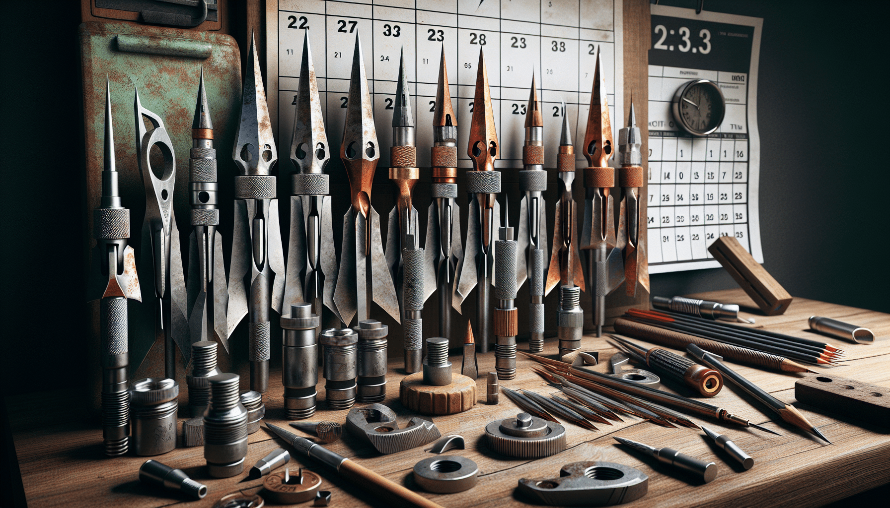 Hyper-realistic image representing the theme of periodic replacement of mechanical broadhead blades. The elements in the scene include a collection of worn out, rusty mechanical broadhead blades next to newer, sharper ones, thus suggesting the need for replacement. There is a calendar on a wall to signify the element of time. The scene takes place on an organized workbench, featuring a variety of archery equipment, but without any brand names or logos. All elements are rendered with meticulous attention to detail, enhancing the overall realism of the image - from the rust on the old blades to the gleaming surface of the new ones.