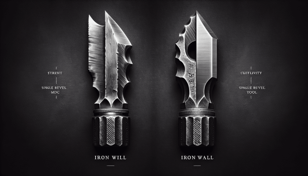 Create a hyper realistic image of two distinctly different single bevel metal objects likely to be associated with the activity of crafting or construction. On the left of the frame, depict a robust, metallic object with a sharpened, single bevel edge, embodying the idea of 'Iron Will'. It should radiate strength and durability. On the right side of the frame, another single bevel metal tool should be depicted, illustrating qualities associated with 'VPA'. This object should embody finesse and precision. No people, text, brand names, or logos should be in the image.