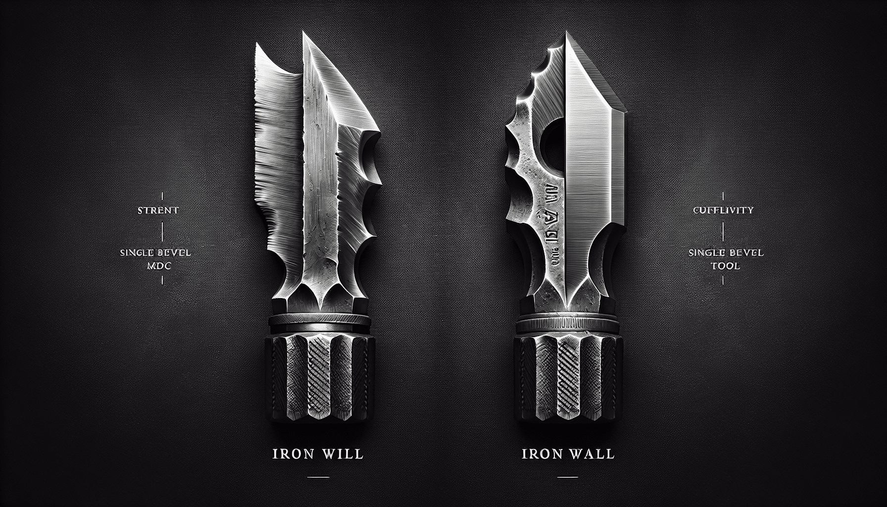 Create a hyper realistic image of two distinctly different single bevel metal objects likely to be associated with the activity of crafting or construction. On the left of the frame, depict a robust, metallic object with a sharpened, single bevel edge, embodying the idea of 'Iron Will'. It should radiate strength and durability. On the right side of the frame, another single bevel metal tool should be depicted, illustrating qualities associated with 'VPA'. This object should embody finesse and precision. No people, text, brand names, or logos should be in the image.