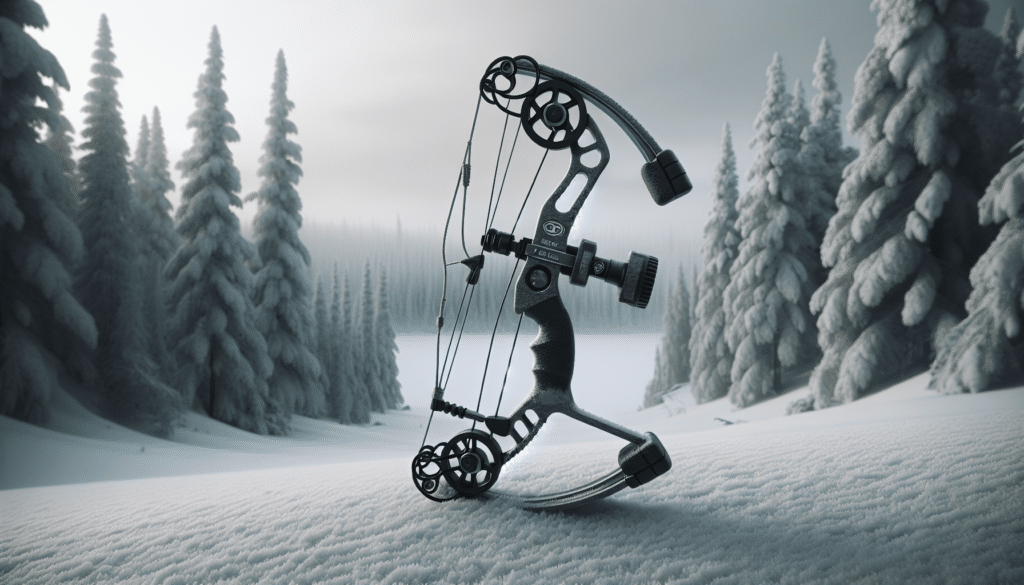 Generate a hyper-realistic image depicting a high-quality bow release device, specially designed for cold weather hunting. The bow release appears robust and insulated, hinting at its efficiency in frosty environments. It's set against a backdrop of a wintry forest landscape with tall trees cloaked in heavy snow and a chilly grey sky. The bow release should be placed on a surface dusted with fresh snow, adding to the feel of cold weather. There are no text, logos, brand names or people present in the scene.