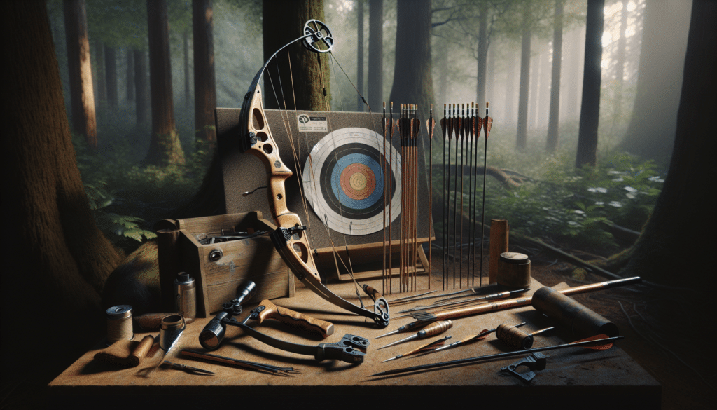 A hyper-realistic image showcasing the steps of tuning a hunting bow for the hunting season. In the frame, various bow tuning tools lie next to a traditional wooden hunting bow, no brand logos visible. Nearby, a target archery board with several arrows stands, demonstrating the results of a well-tuned bow. The ambiance is a quiet woodland setting, sunlight filtering through the leaves, casting soft shadows on the items. The backdrop is a dense thicket of trees signifying the hunting season. The overall aesthetic mirrors that of a careful, quiet preparation for the upcoming season.