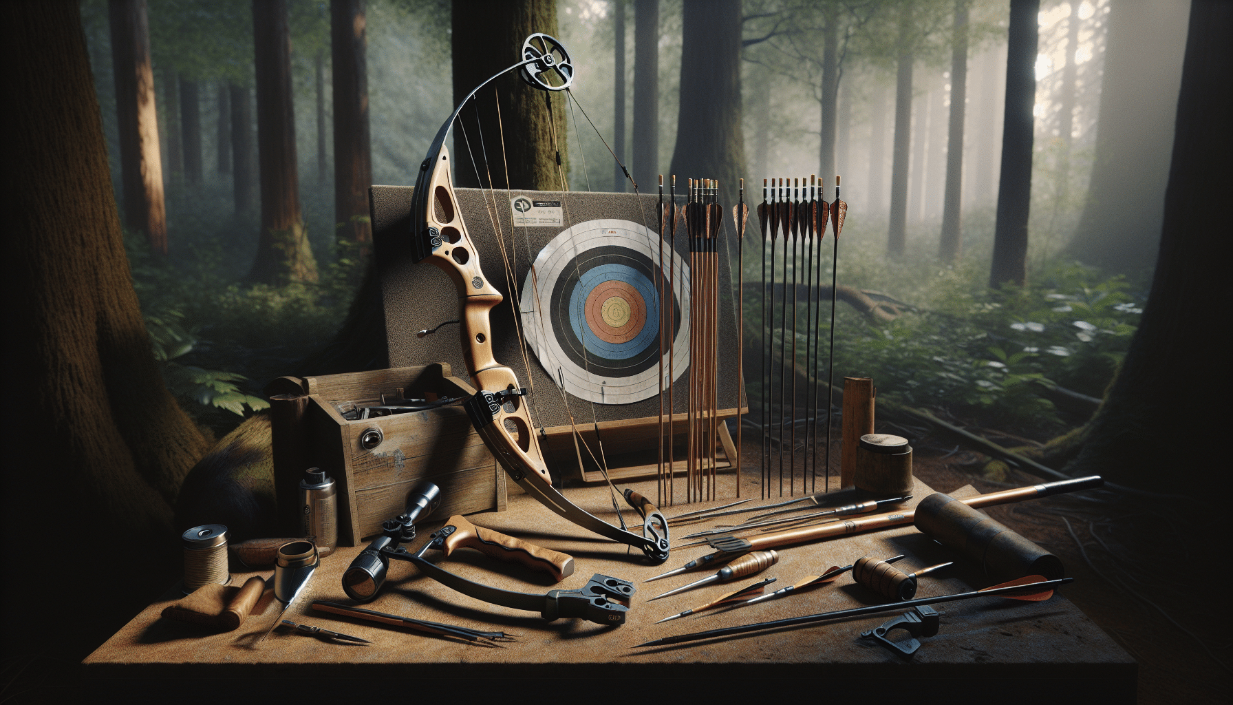 A hyper-realistic image showcasing the steps of tuning a hunting bow for the hunting season. In the frame, various bow tuning tools lie next to a traditional wooden hunting bow, no brand logos visible. Nearby, a target archery board with several arrows stands, demonstrating the results of a well-tuned bow. The ambiance is a quiet woodland setting, sunlight filtering through the leaves, casting soft shadows on the items. The backdrop is a dense thicket of trees signifying the hunting season. The overall aesthetic mirrors that of a careful, quiet preparation for the upcoming season.