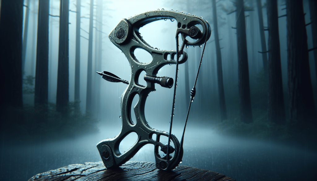A meticulously detailed, hyper-realistic image of an arrow rest crafted especially for hunting in the rain. This unique piece of archery equipment is designed for optimal performance under wet weather conditions. It is shown against a backdrop of a misty, rainy forest, setting up a calm yet intense ambience of a real hunting scenario. Water droplets can be seen on the arrow rest, demonstrating its water-resistance. However, no brand logos, text, people, or identifying trademarks should be present in the image.