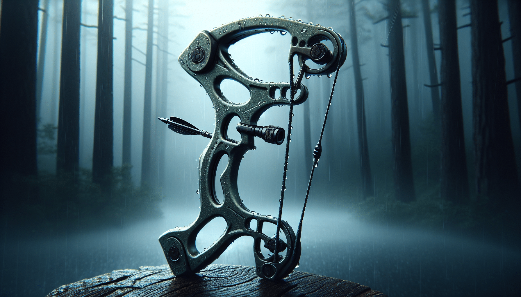 A meticulously detailed, hyper-realistic image of an arrow rest crafted especially for hunting in the rain. This unique piece of archery equipment is designed for optimal performance under wet weather conditions. It is shown against a backdrop of a misty, rainy forest, setting up a calm yet intense ambience of a real hunting scenario. Water droplets can be seen on the arrow rest, demonstrating its water-resistance. However, no brand logos, text, people, or identifying trademarks should be present in the image.