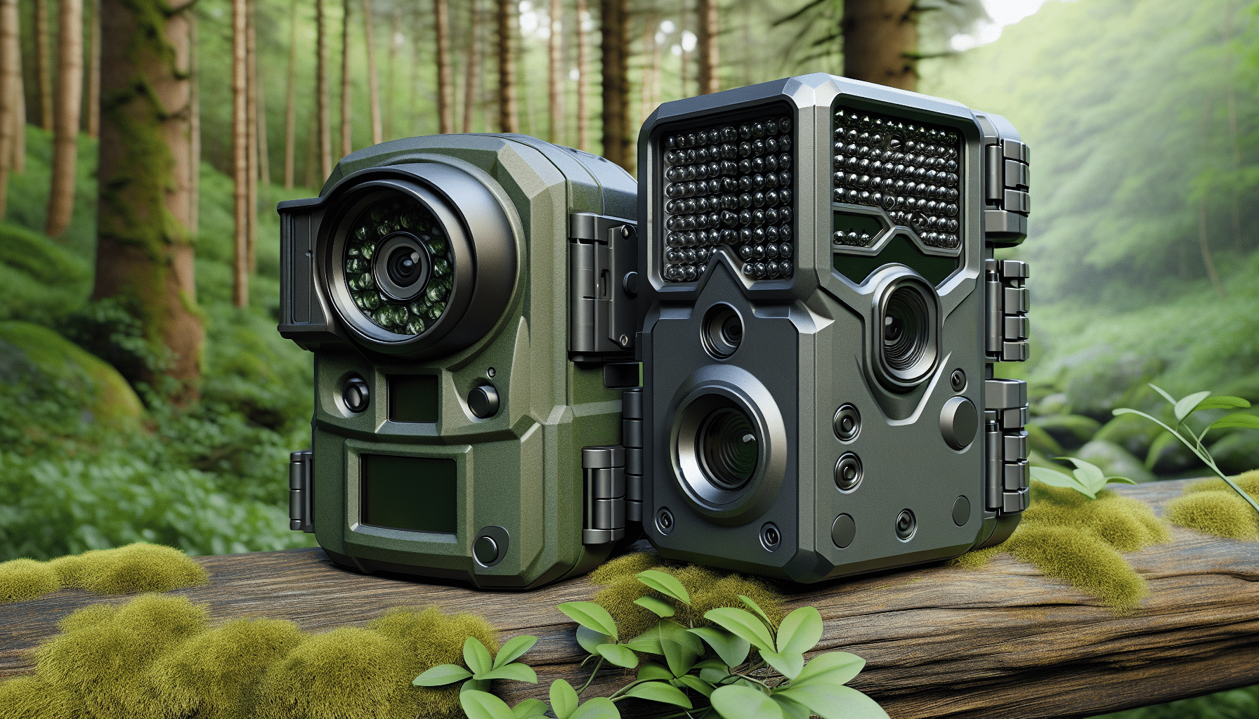 A hyper-realistic image depicting two trail cameras side by side, without any text or brand names. The one on the left is rugged and dark green, camouflaged in the wilderness with a large lens and infrared sensor. The one on the right is more of an angular grey metal, slightly more modern in design with a smaller, rounder lens. Both, though having no visible text, display a few unmarked, small, round buttons near the bottom for operation. Resting in a serene environment surrounded by dense foliage, they subtly blend into the forest landscape.