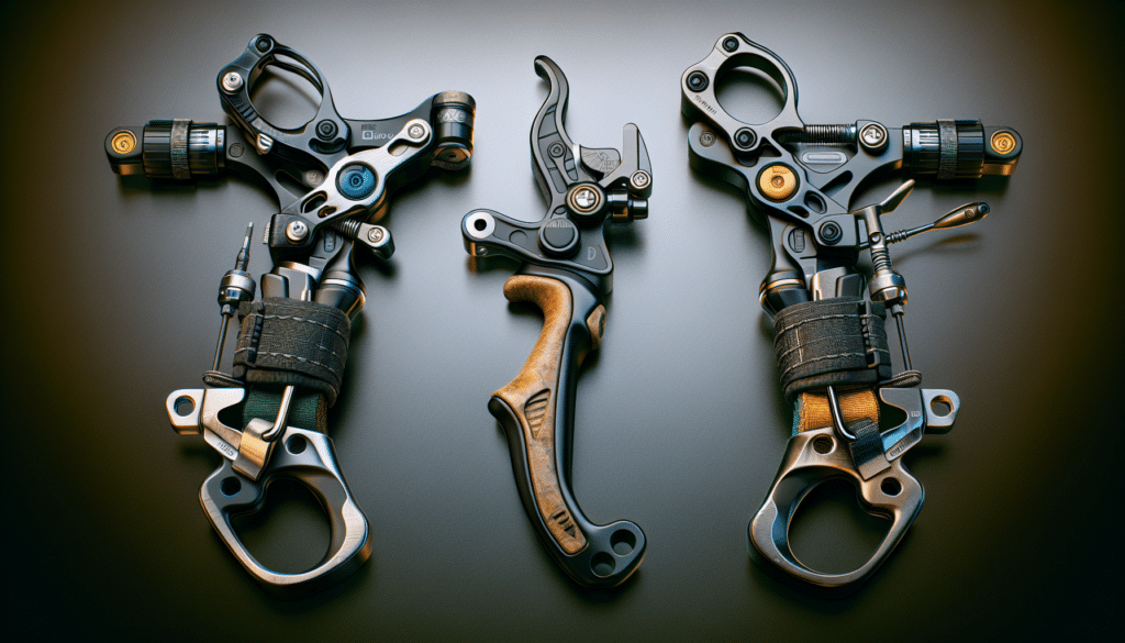 Create a hyperrealistic image of a pair of archery releases without people or text. On the left, depict an archery release with features such as an adjustable trigger travel, a buckle strap, and a rotating head. On the right, show another archery release with different characteristics, for example, a single or dual caliper release, a wrist strap, and might have some unique color accents. Neither of these pieces of equipment should bear any brand logos or labels. The image background should be blurred to intensify focus on the precision tools. These two archery releases indicate a comparison between them.