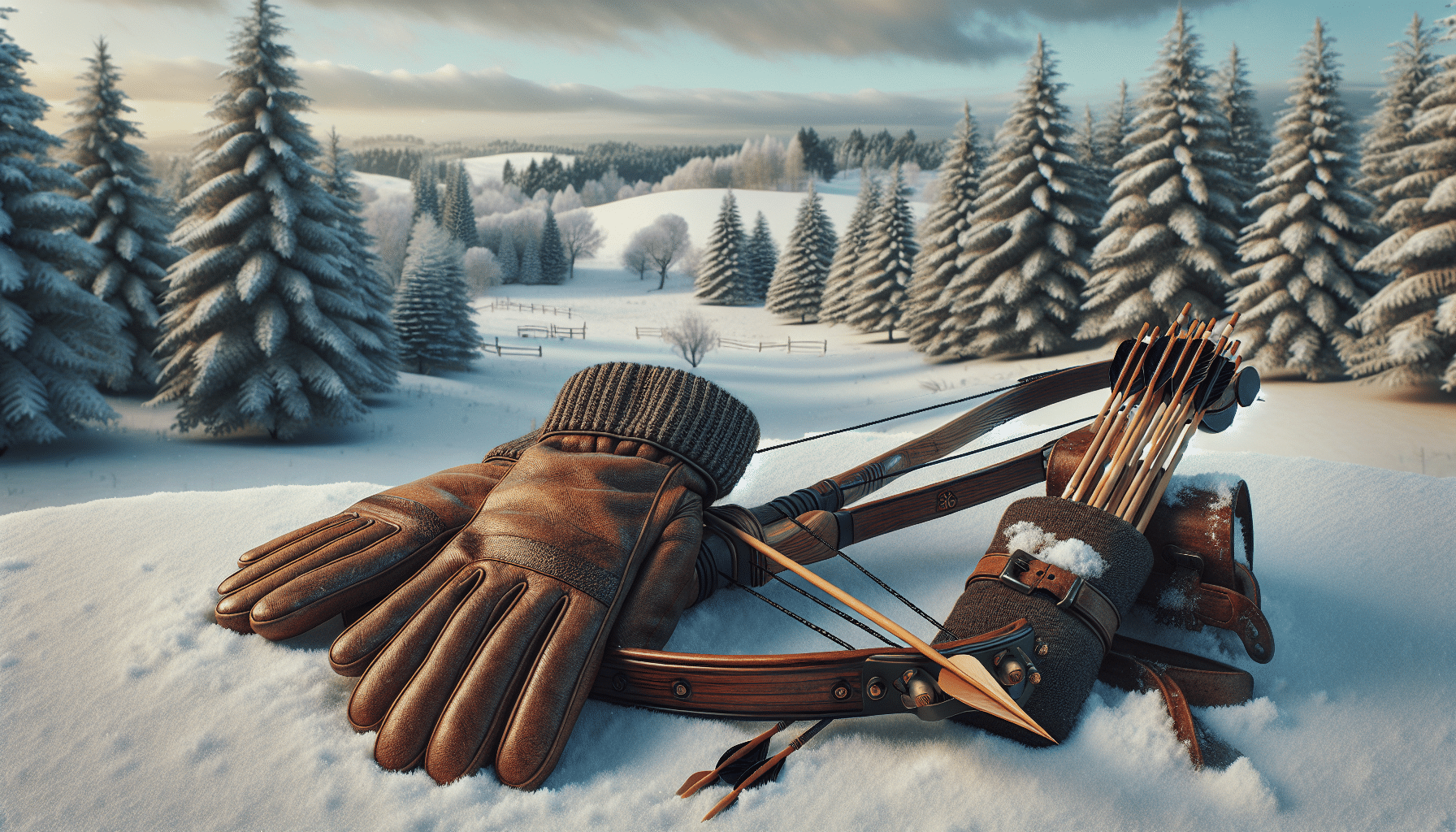 An extremely realistic image of a winter setting. Foreground shows a pair of thick gloves placed next to a beautiful wooden bow, with a quiver filled with arrows standing beside. The background is a serene snowy landscape, with pine trees lightly dusted with fresh snow, under a partly-cloudy sky. The focus is on the detailed texture of the gloves and the bow, and the way they stand out against the white winter backdrop. No presence of human figures, text, or brands anywhere in the scene.