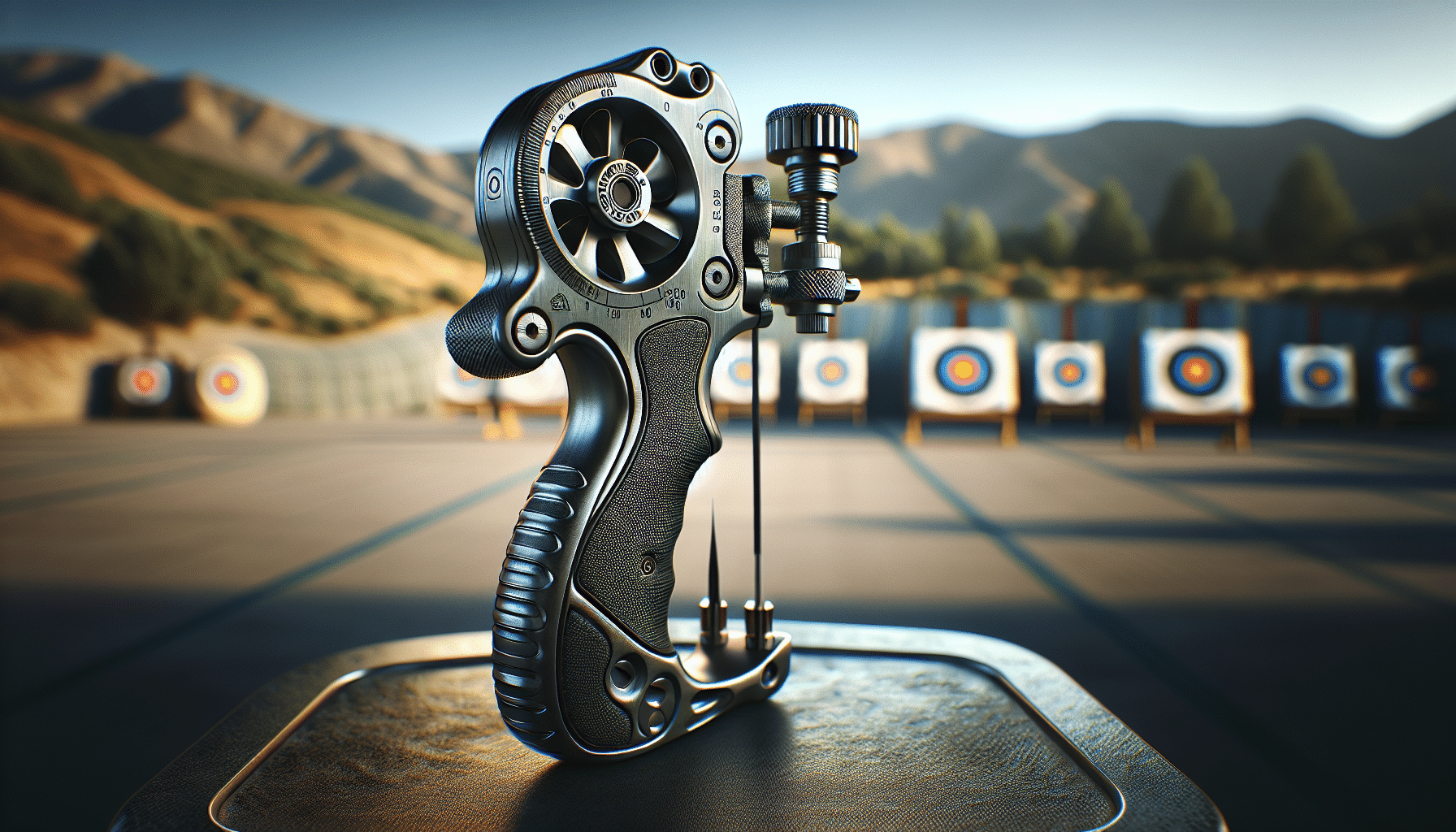 A meticulously detailed, hyper-realistic image presenting a top-grade archery equipment: a thumb release. The thumb release is used to combat target panic in the sport of archery and is shown against a backdrop of an unoccupied archery range with well-marked targets in the distance. The thumb release is rendered with shadows and reflective surfaces to emphasize reality. The device radiates a sense of steadfastness and precision, key attributes for archers dealing with target panic. Every detail reveals a deep emphasis on the functionality of this vital archery gear. No brand names, logos or people are included.