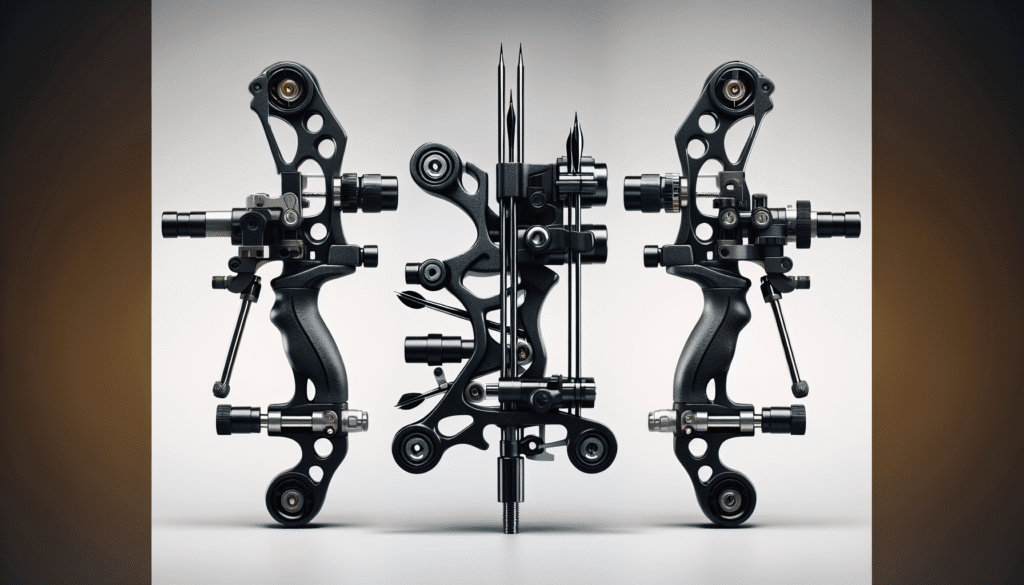 Create a hyper-realistic image featuring two distinct types of archery equipment, without any people in the image. The first piece of equipment is a complex arrow rest system with several moving parts, designed for accuracy, being lightweight and silent. The second is another arrow rest mechanism, also high-quality, featuring separately adjustable left and right launcher blades. Both are placed side by side in a comparison manner. Neither piece of equipment bears any brand name, logo or text.