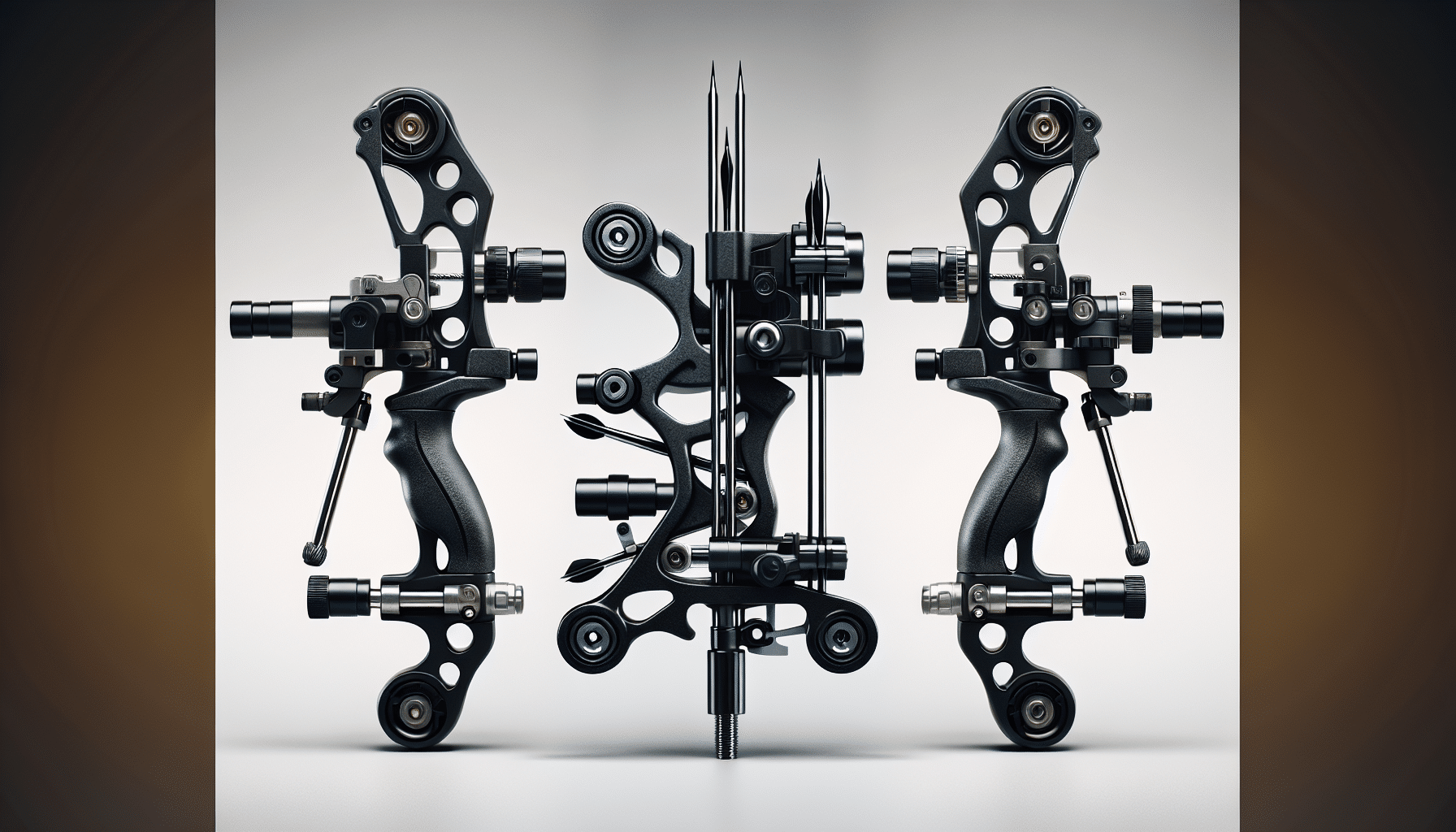 Create a hyper-realistic image featuring two distinct types of archery equipment, without any people in the image. The first piece of equipment is a complex arrow rest system with several moving parts, designed for accuracy, being lightweight and silent. The second is another arrow rest mechanism, also high-quality, featuring separately adjustable left and right launcher blades. Both are placed side by side in a comparison manner. Neither piece of equipment bears any brand name, logo or text.