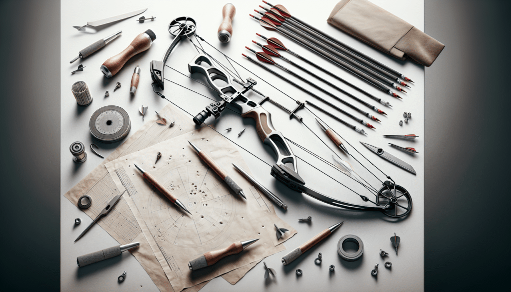 A realistic illustration of a bow lying on a table strewn with different archery elements. The various elements include broadhead arrows, a piece of drawing paper with holes near the edges indicating recent use, and a tuning kit. The bow is carefully centered in the image, illustrating its importance, while the arrows, paper, and additional tools are arranged around it in a tidy but 'just-used' manner. The scene is set in a well-lit, clean, and professional-like archery workspace, void of any visible brand logos or text.